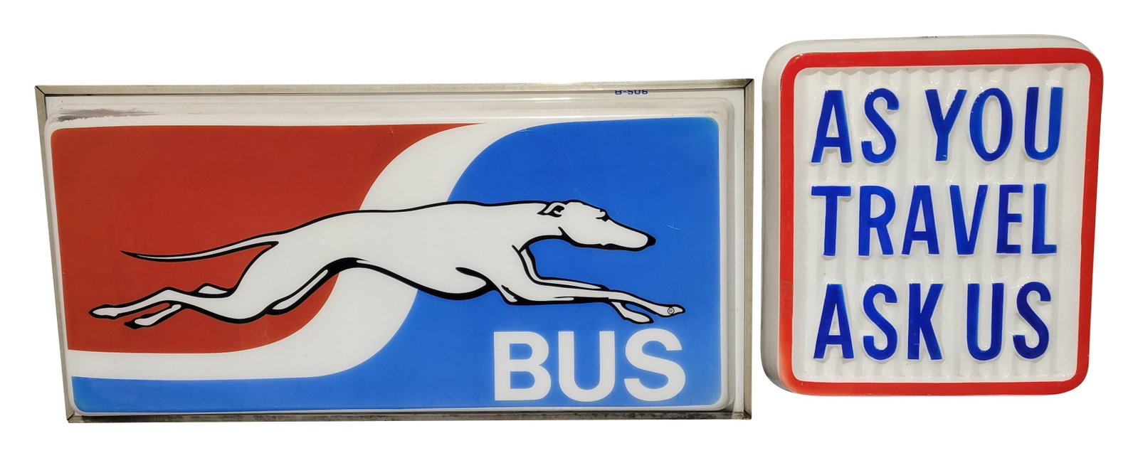 Greyhound Bus Double Sided Light Up Sign and As You Travel Ask Us Sign: 49.25" x 24" x 10" double sided sign features 2 plastic panels on each side with aluminum housing. The plastic panels have minor fading and areas of missing paint along the inside of the upper edges. 