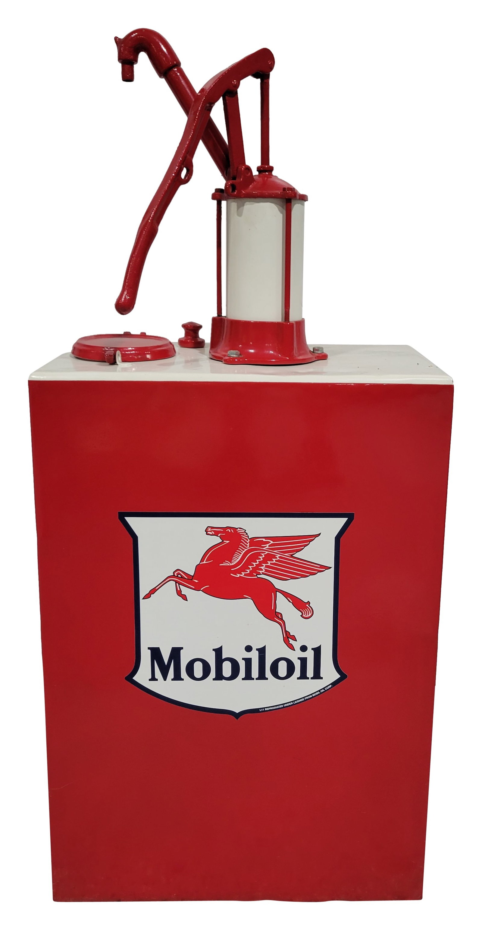Mobiloil Restored Lubester Small Size: 9.5" x 36" x 16" restored lubester is in excellent condition with only a few nicks in the paint. The S.A.E. 30 and Mobiloil graphics are applied decals. Excellent size for display.