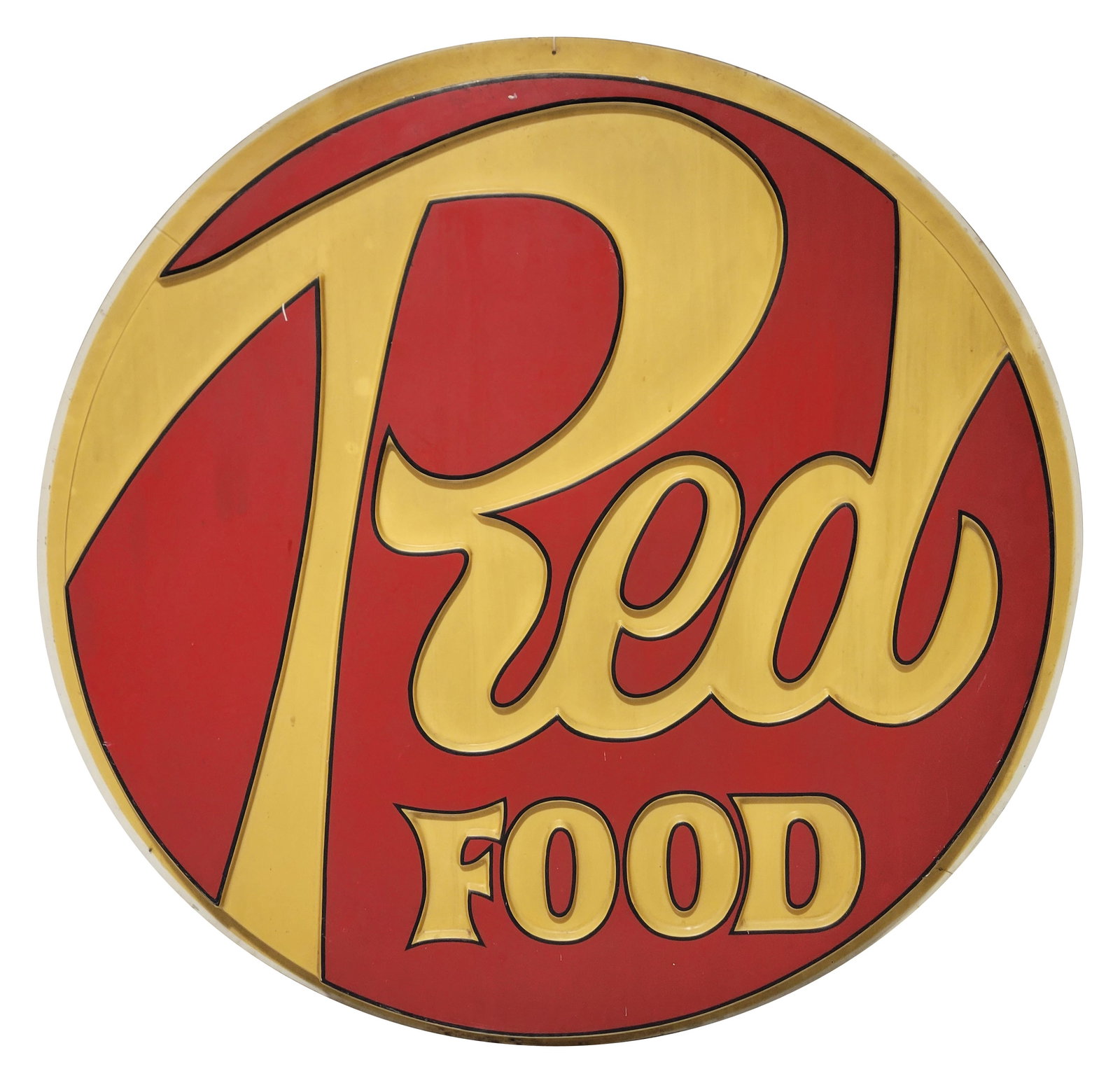 Red Food Plastic Sign Skin: 53" plastic sign skin is in good condition with toning, stains, and a small crack on the right edge.