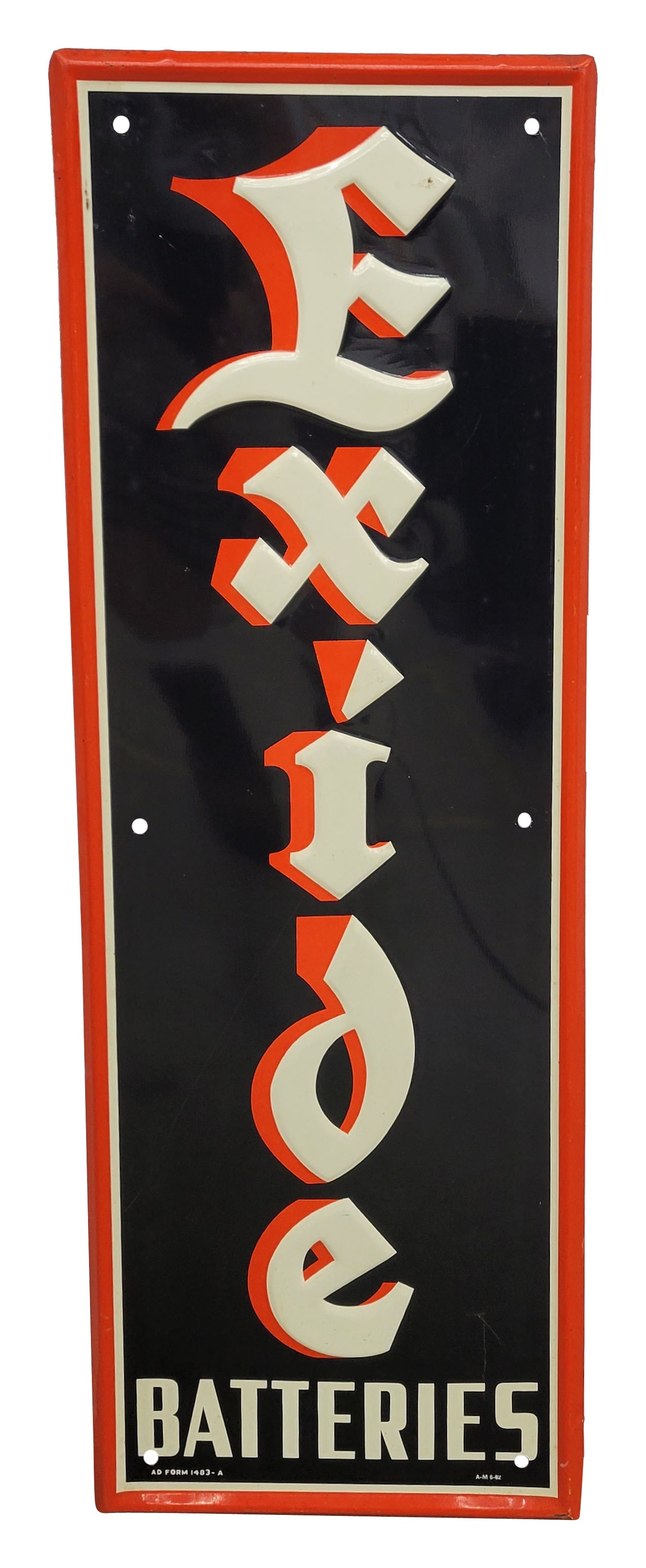 Exide Batteries Embossed Single Sided Tin Sign: 13.5" x 40" vertical embossed SST sign displays excellent color and shine with minor scuffs and scratches in the field. The self framed perimeter has light wear. A-M 6-62.