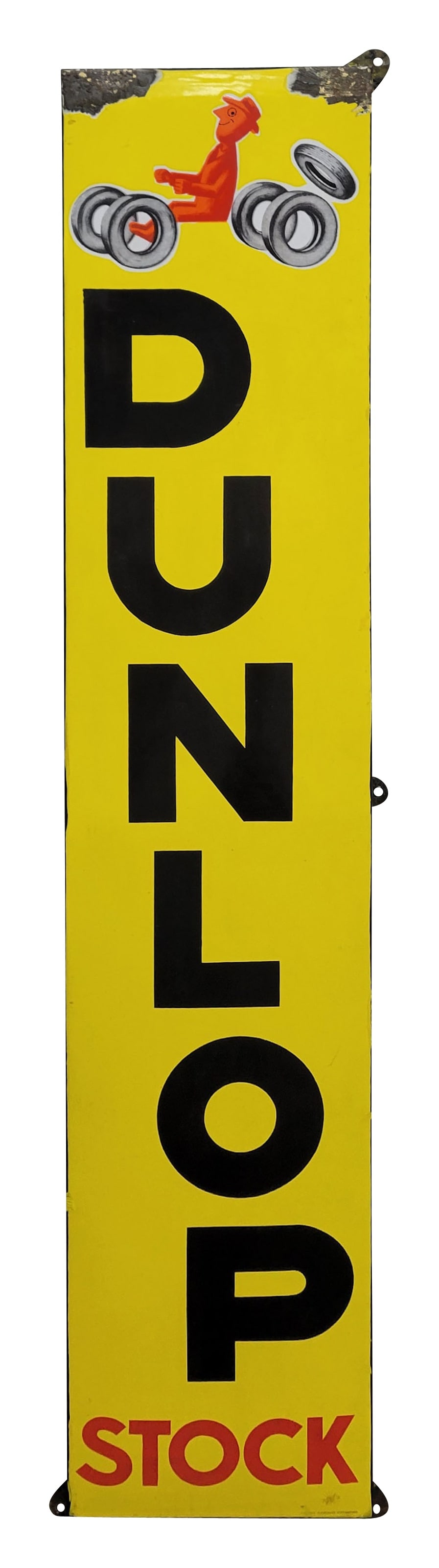 Dunlop Stock Single Sided Porcelain Sign TAC: 12.75" x 58" SSP rolled edge sign displays Dunlop lettering and graphics in bold colors and high gloss. The upper corners have porcelain loss and there is a 1/2" area of crazed porcelain at the bottom