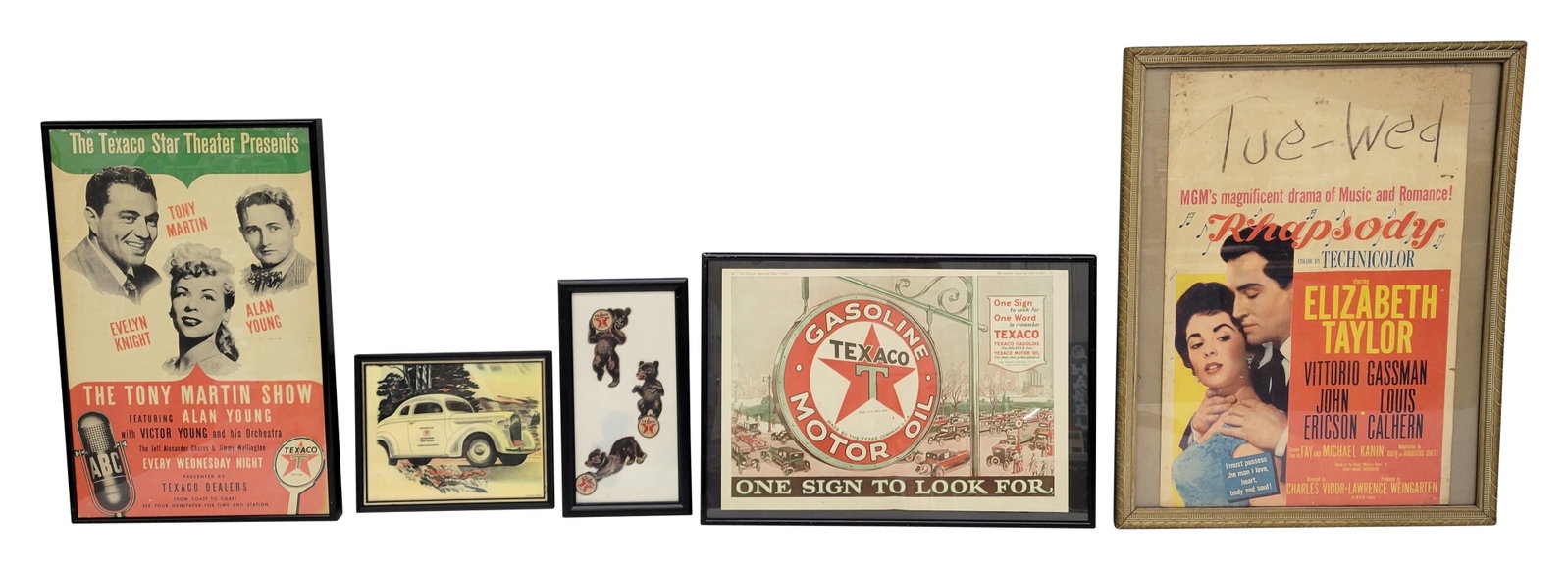 Misc. Framed Texaco Advertising Lot: This misc. lot includes framed Texaco advertising memorabilia along with a 1954 MGM "Rhapsody" movie window card. 18.5" x 23.5".