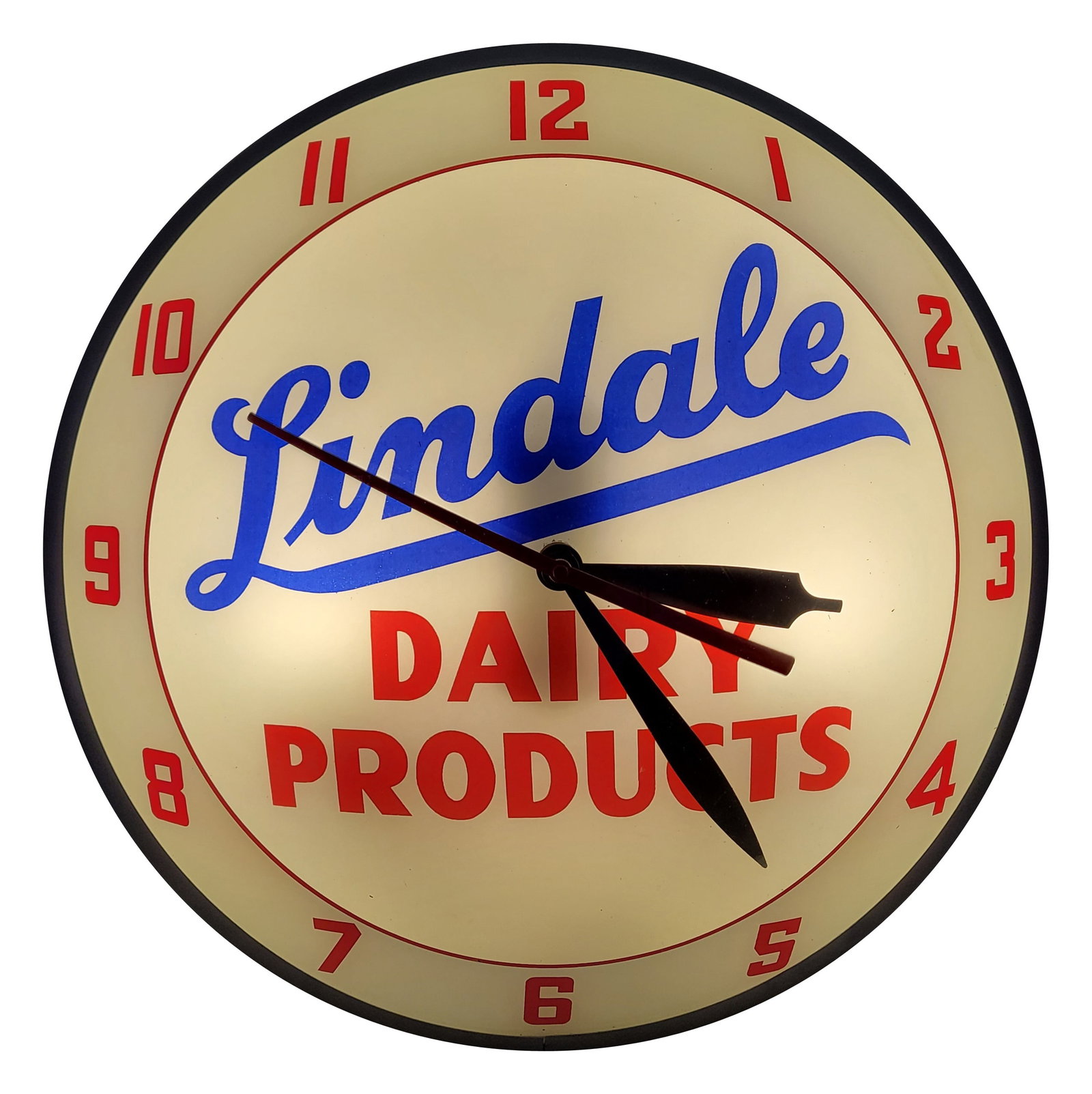 Lindale Dairy Products Double Bubble Light Up Advertising Clock: 15" working illuminated clock features a glass face, metal trim, and a metal can. The clock displays very well with bright colors. The trim and can are both in excellent condition. Advertising Product