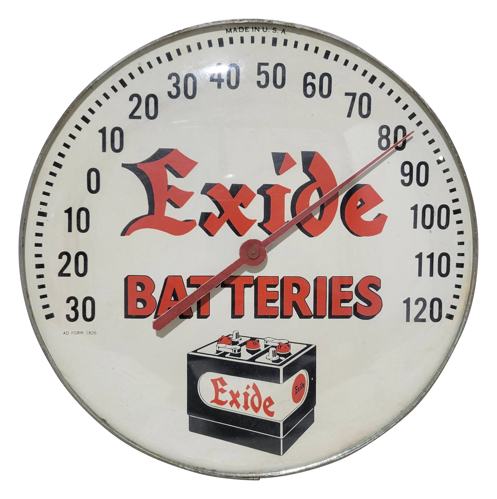 Exide Batteries Round Advertising Thermometer: 12" round thermometer features a glass face and aluminum housing. The inner face displays very well with bright color. The aluminum trim and housing exhibit wear with errant white paint along the edge