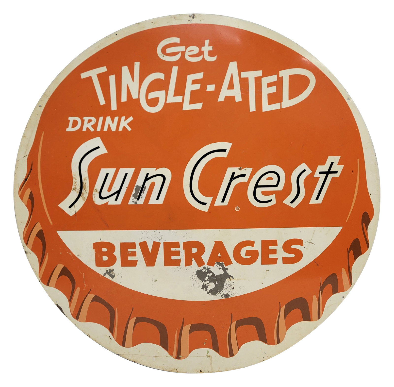 Get Tingle-ated With Sun Crest Beverages SST Sign: 36" SST sign exhibits good color with moderate wear in the field including paint flakes, scratches, and 2 very small dings on the letter "r". The perimeter has minor wear.