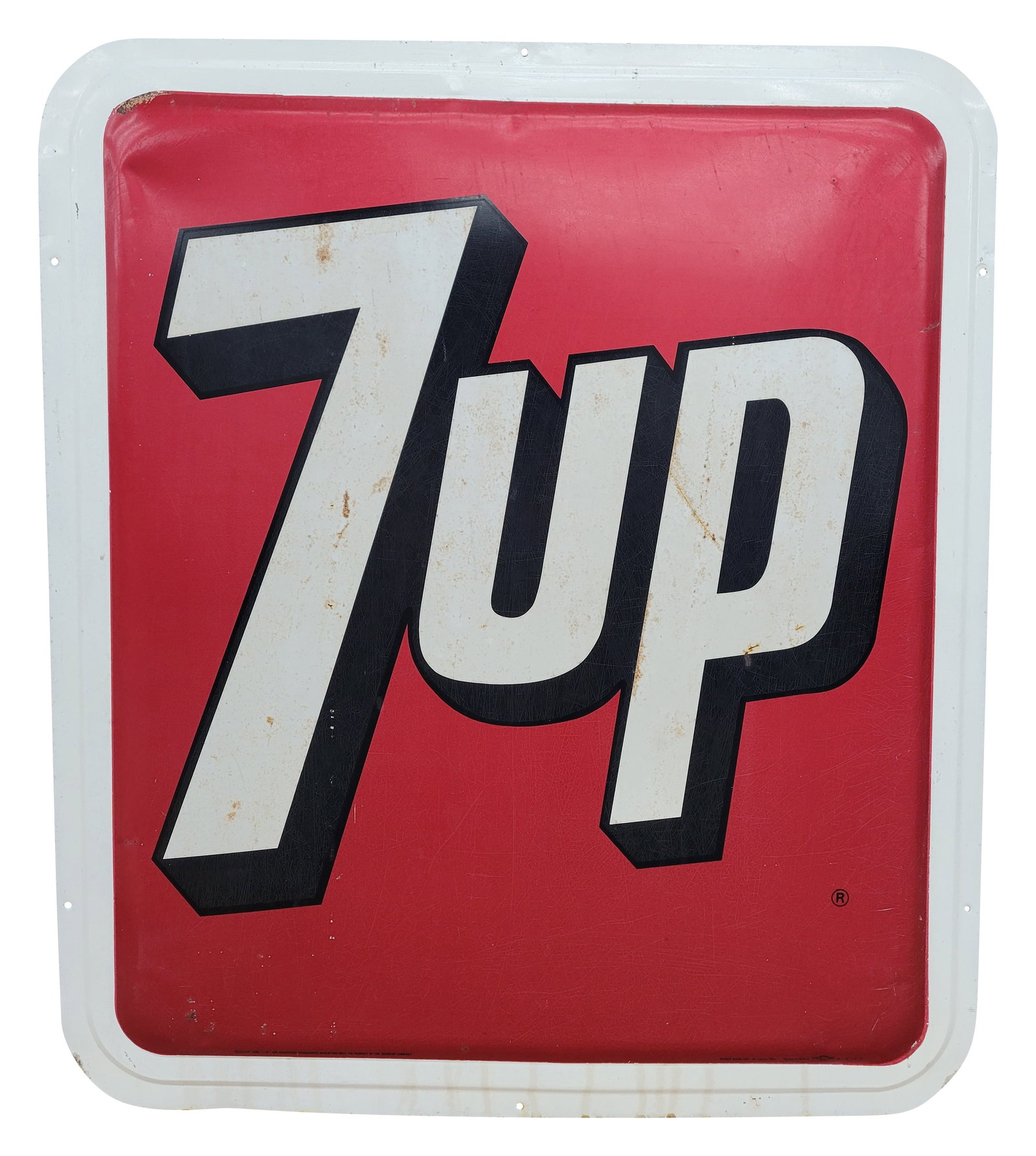 7Up Single Sided Tin Convex Sign: 31.25" x 36" SST sign features a convex design. There is crackling throughout the surface with scratches, small dings, and areas of surface rust. Stout Sign.