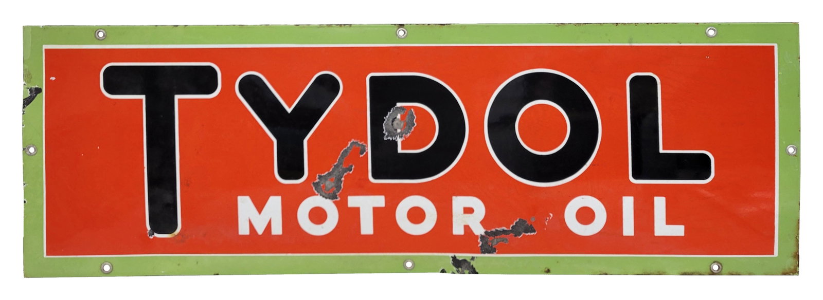 Tydol Motor Oil Single Sided Porcelain Sign: 42" x 14" SSP sign displays good color with signs of wear in the field and along the edges. There are multiple significant bullet dings with chips and rust stains.