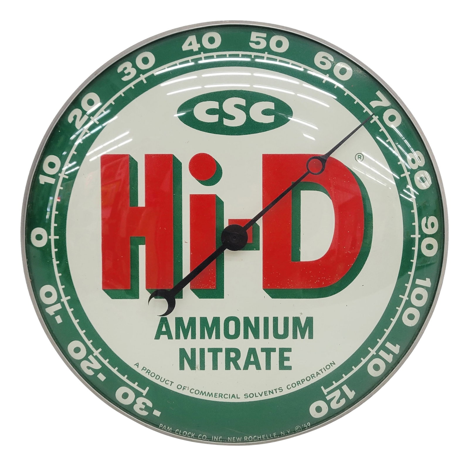 1959 Hi-D Pam Thermometer: 12" working thermometer is in excellent, like new condition. It features vibrant colors, a glass face, and an aluminum can. There are a few slight bends on the top mounting tab at the back, and the or