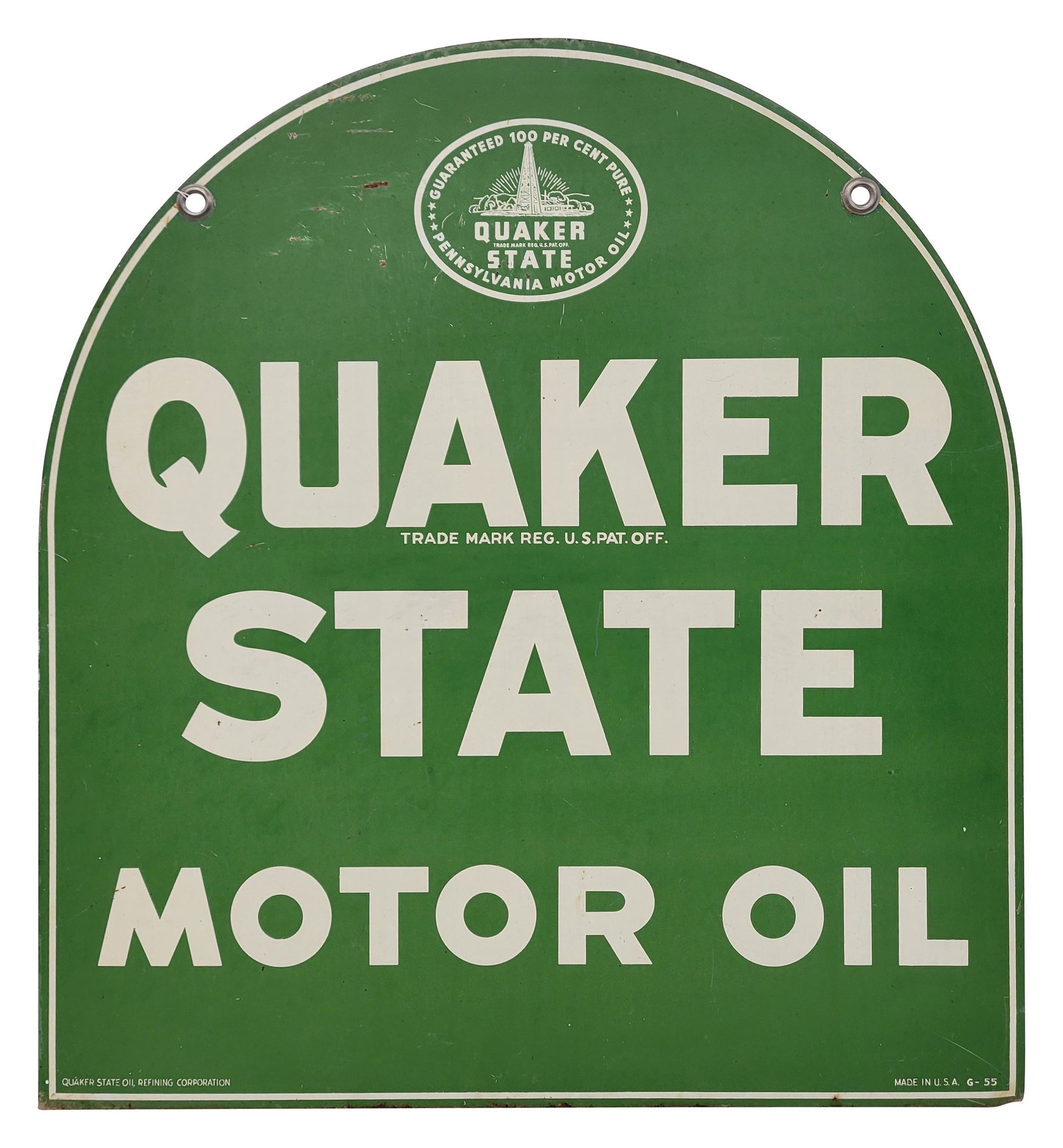 Quaker State Motor Oil Double Sided Tombstone Sign: 26.5" x 29" DST sign has fading and light wear throughout each side with scuffs and small scratches. There is light edge wear with minor surface rust along the bottom edge. G-55.