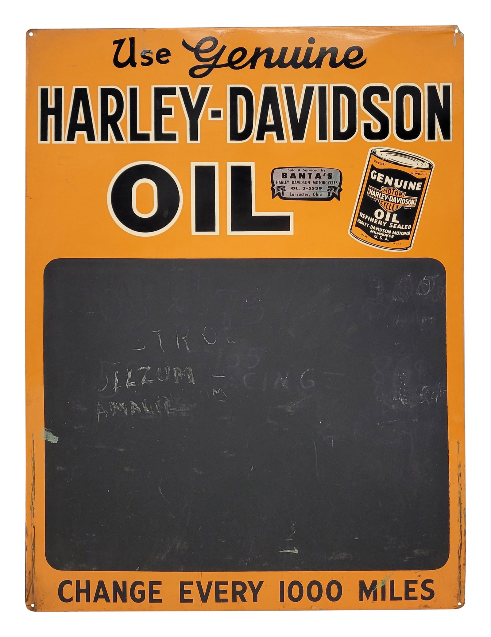 Use Genuine Harley-Davidson Oil Menu Board Sign: 17.5" 'x 23.5" SST menu board with logo exhibits good color and shine. There is wear along the lower outer perimeter with shallow bends and deep scratches. The black board area has wear with prior