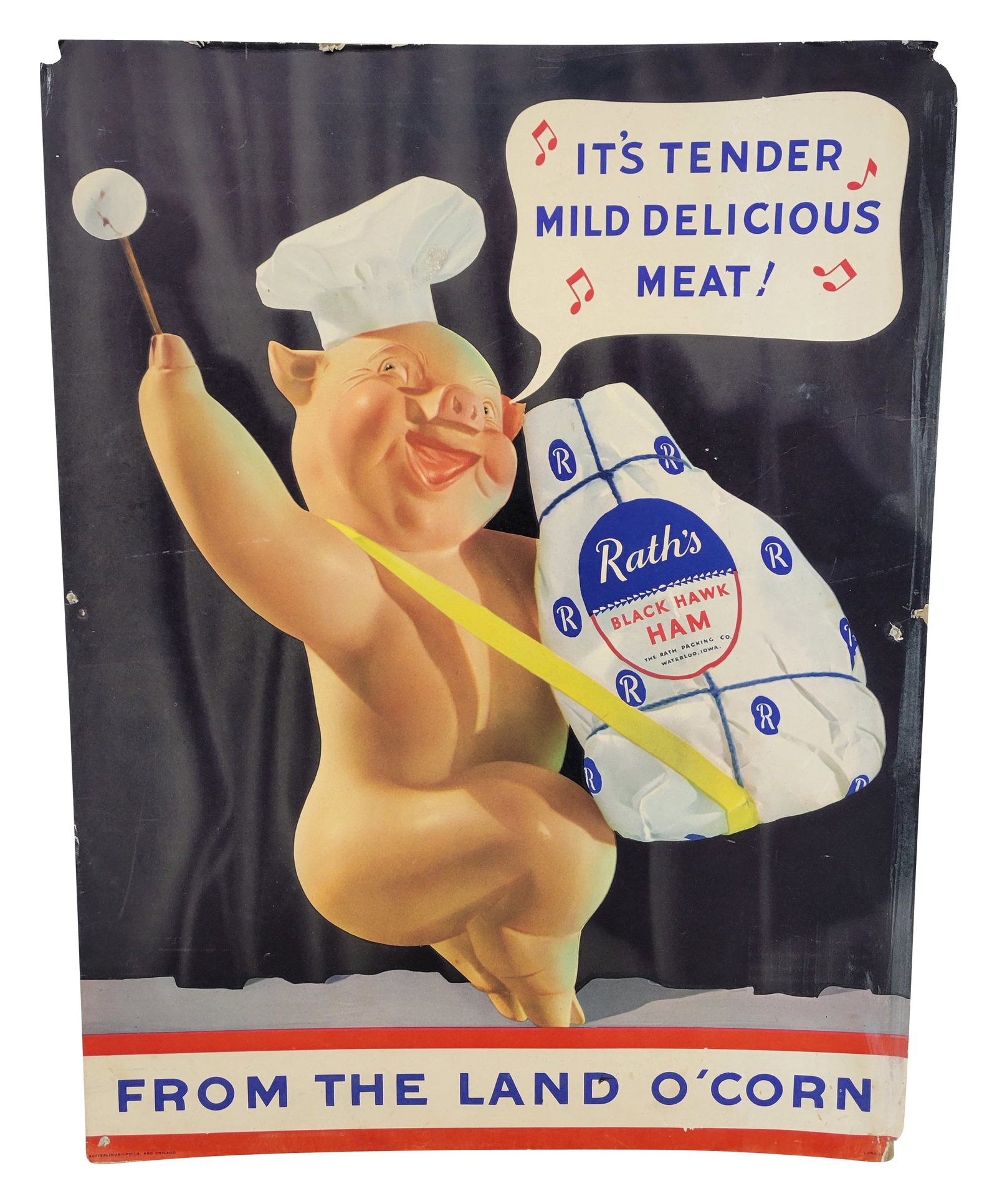 Rath's Black Hawk Ham Cardboard Easel Back Sign: 16" x 21" cardboard sign features an easel back. The sign exhibits good color and wear mostly along the edges with several small holes and tears.