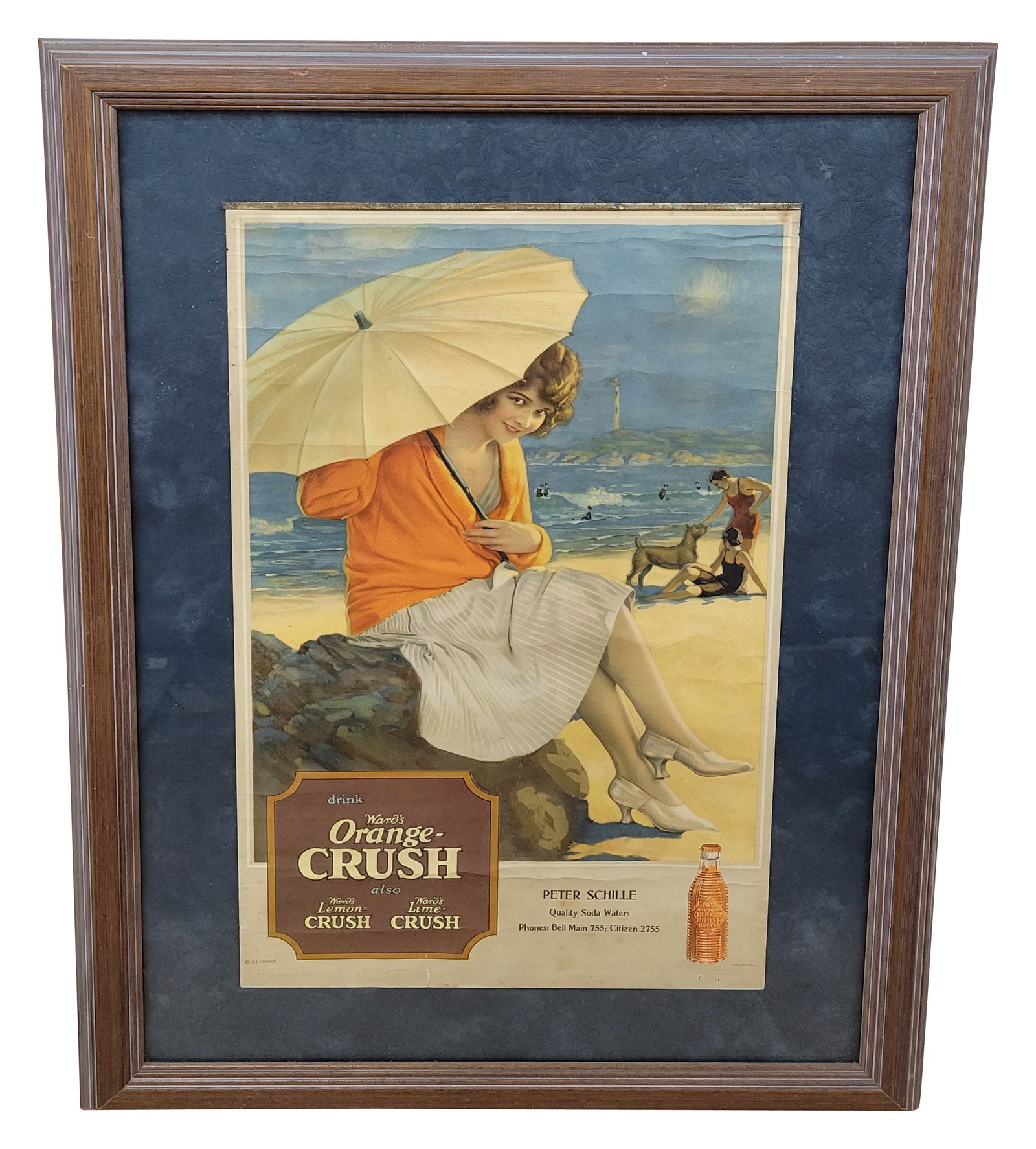 Drink Ward's Orange Crush Framed Calendar Topper: Professionally framed 19.75" x 27.5" (includes frame) calendar topper is displayed beneath glass within a wood frame. The graphics are colorful and there are few light stains visible at the bottom. It
