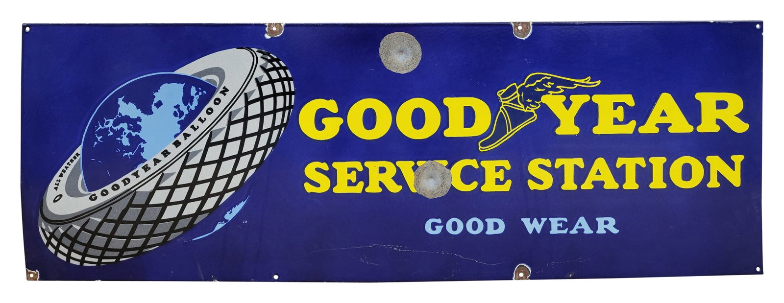 Good Year Service Station Single Sided Porcelain Sign: 60" x 21" SSP sign with the Good Year graphics exhibits brights colors and good shine. There are 2 large bullets dings in the field with porcelain loss. The perimeter has minor wear with small chips