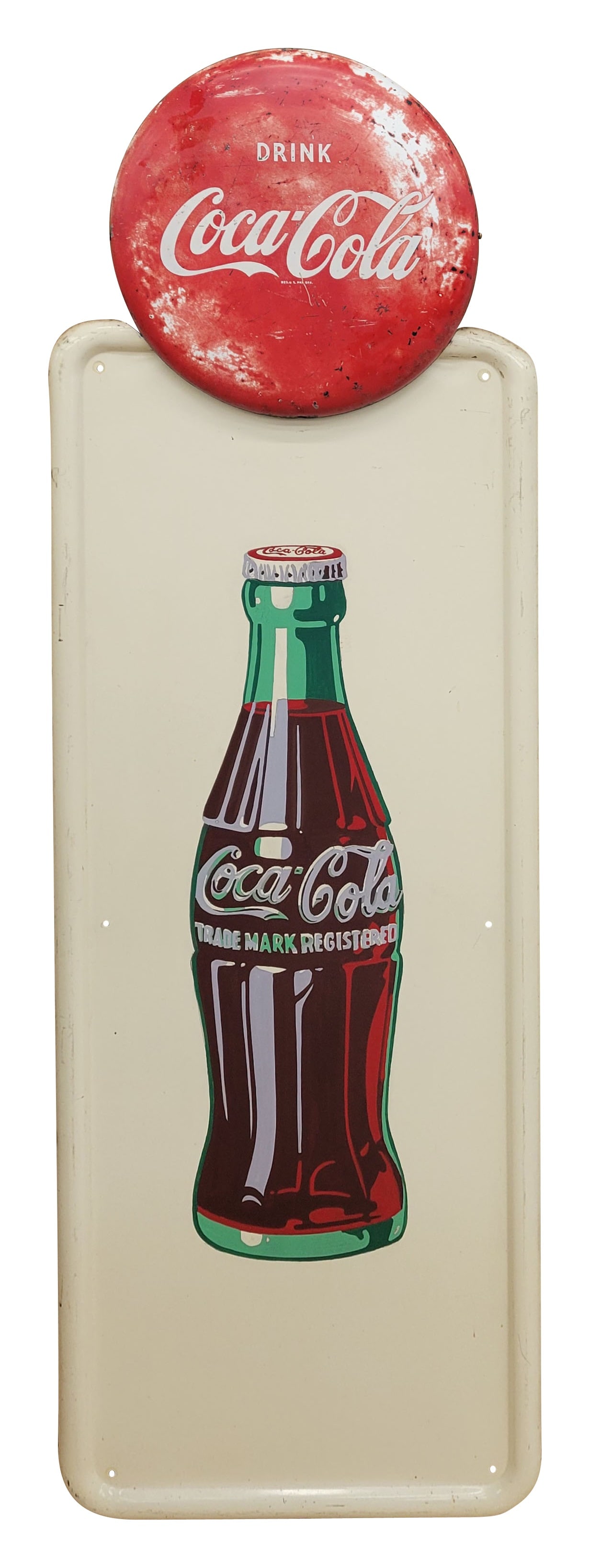 Coca Cola Pilaster Sign With Drink Coca Cola Button Sign: 16" x 49.5" sign features a SST pilaster sign with a newly painted Coca Cola bottle. The bottle has bright colors and the pilaster has wear around the perimeter with light scuffs and scratches in the 