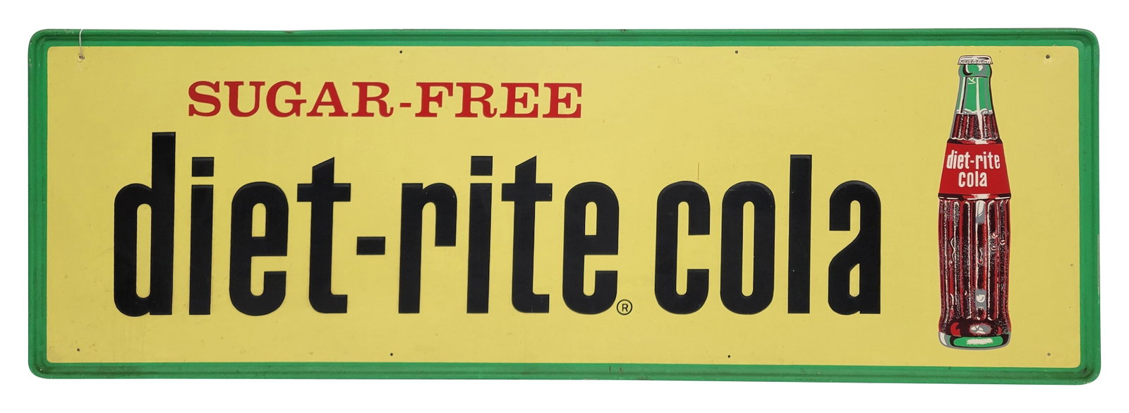 Sugar Free Diet Rite Cola Embossed Single Sided Tin Sign: 54" x 18" horizontal embossed SST sign displays good colors with light wear in the field including moderate shine, light scuffs and scratches. The self framed perimeter has minor wear with small scrat