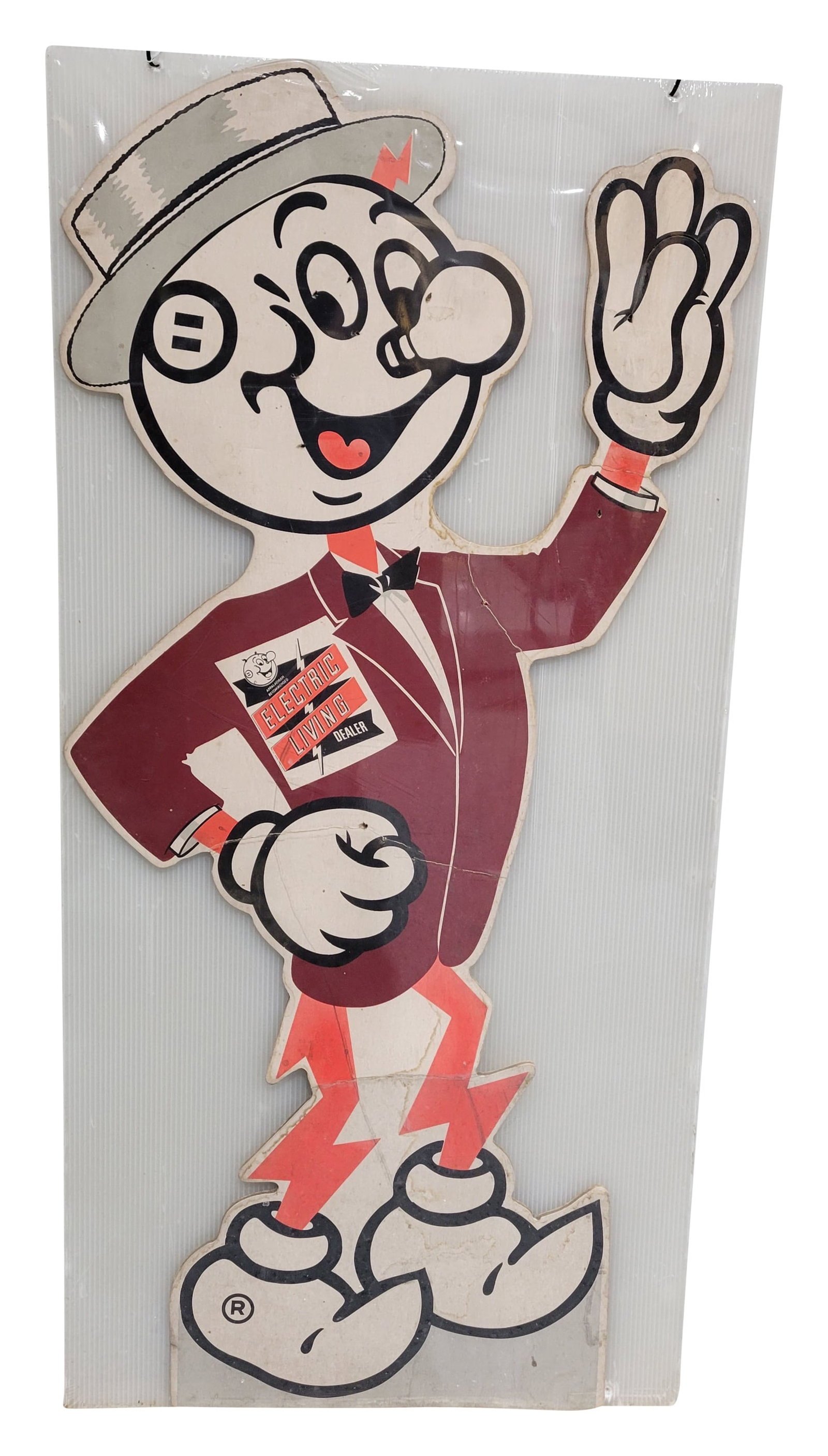 Reddy Kilowatt Large Cardboard Sign: 48" x 23" die cut sign is constructed out of 2 pieces of cardboard with foam in between. The sign has signs of wear with stains, bends, small holes and edge wear. It is shrink wrapped to a piece of co