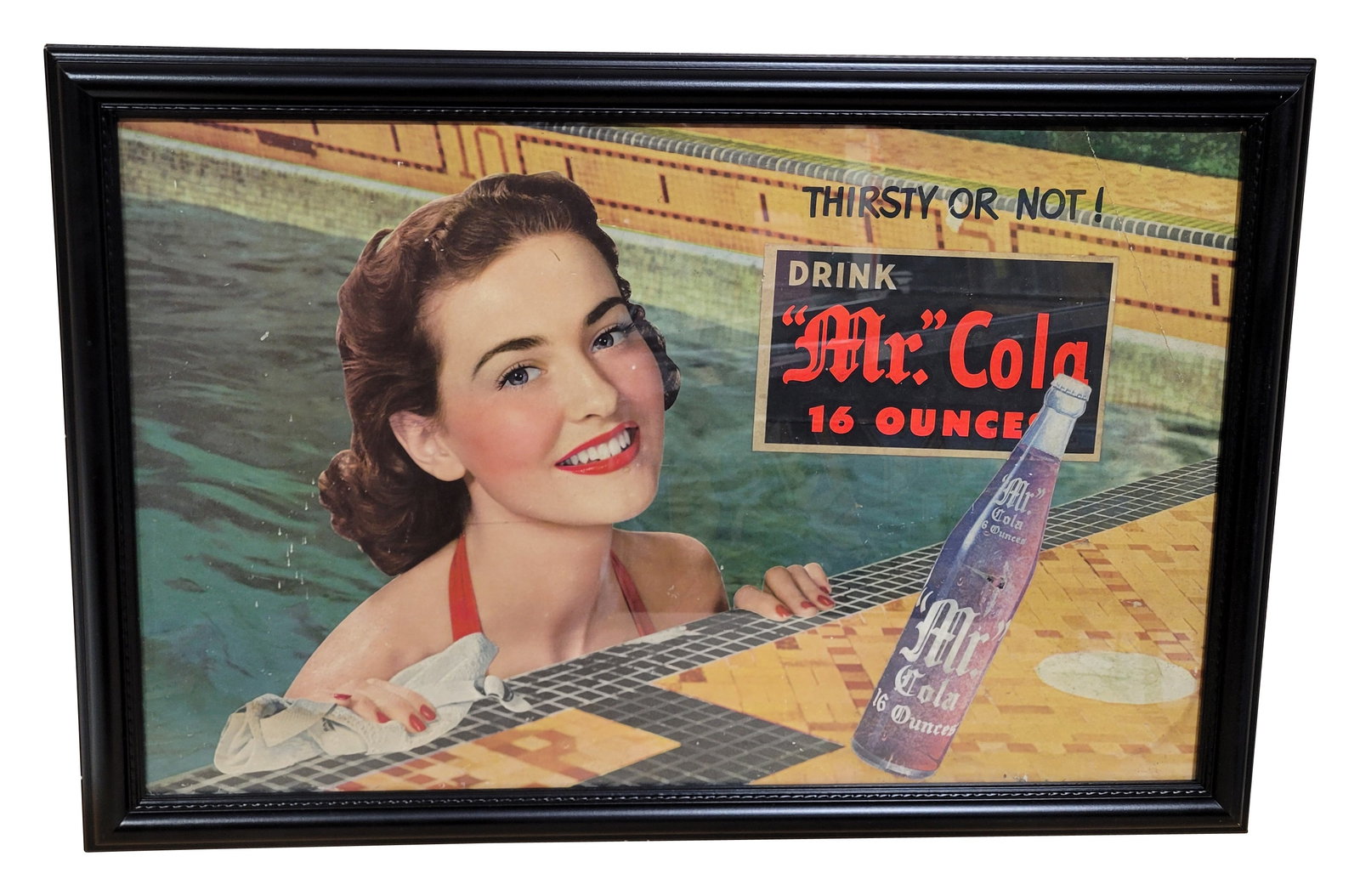 Drink Mr. Cola Framed Cardboard Sign: 34.75" x 23.25" framed cardboard is displayed beneath glass within a wood frame. The cardboard shows wear and fading on the surface with scuffs, small scratches, a 2 tears. The wood frame is in excell