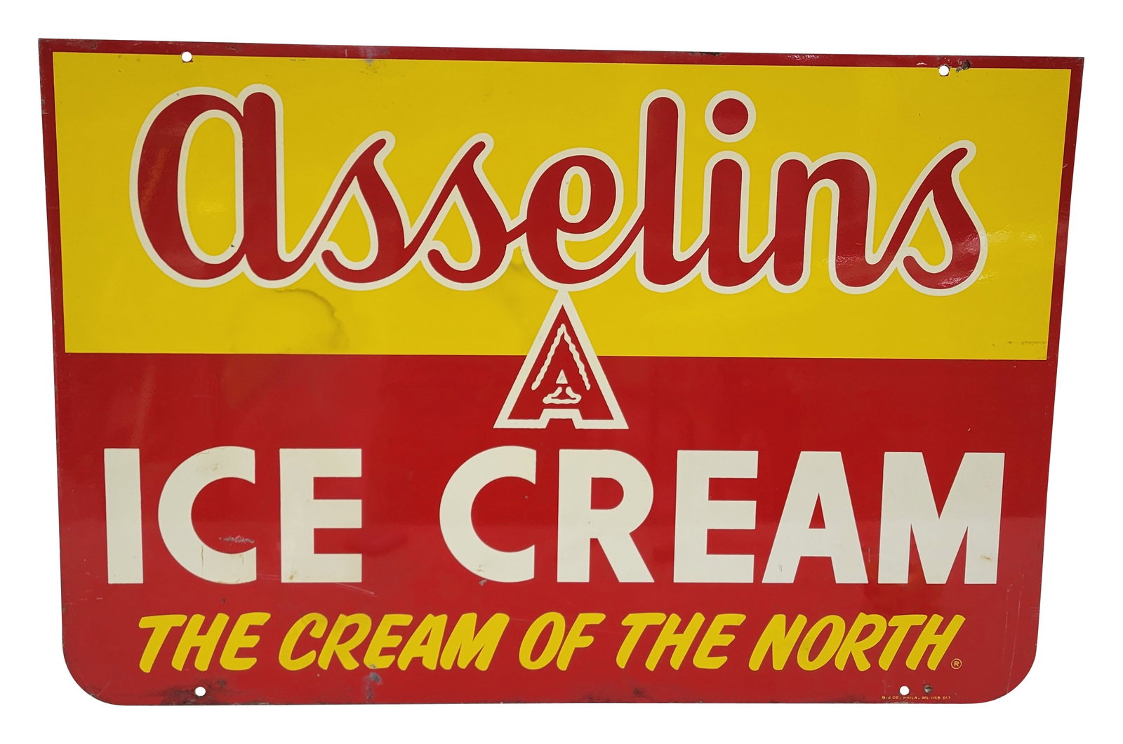 Asselins Ice Cream Double Sided Sign: 36" x 24" double sided metal sign exhibits very good color and shine on one side with a few stains and scratches in the field. The reverse displays wear throughout with stains, chipped paint, and scra
