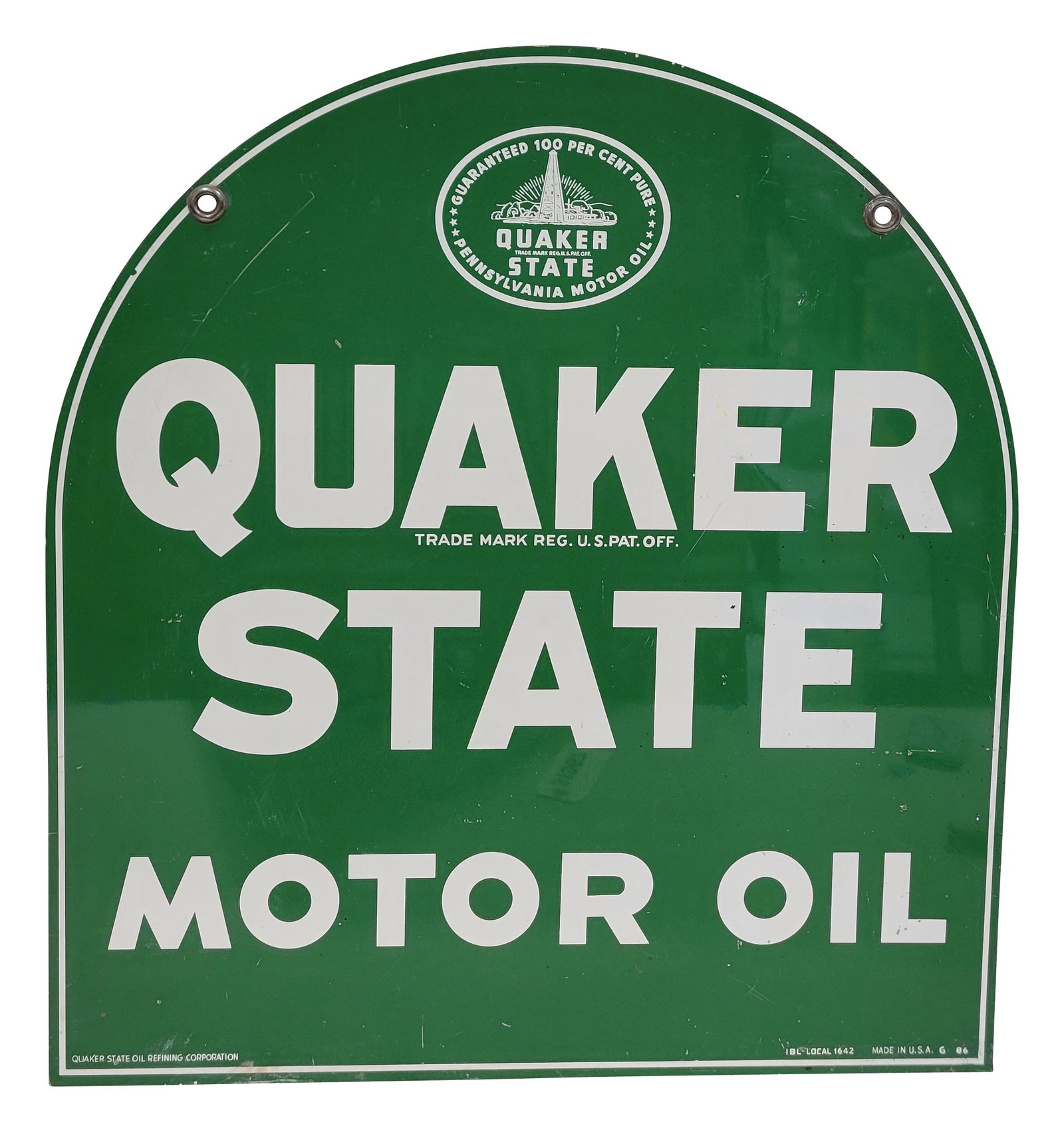 Quaker State Motor Oil DST Tombstone Sign: 26.5" x 29" DST tombstone sign displays good color and shine with light scratches in the field of each side. The perimeter displays minor wear. Quaker State Oil Refining Corporation. G-86.