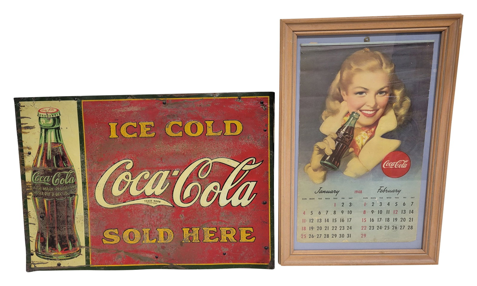 1929 Ice Cold Coca Cola Sold Here SST Sign and 1948 Framed Coca Cola Calendar (1 of 3)