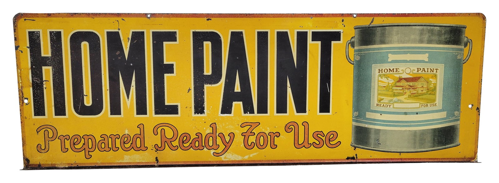 Home Paint Prepared Ready For Use SST Rack Topper Sign: 27.5" x 9" SST rack topper sign features graphics of a house on a paint can. The sign has fading and wear throughout with speckled areas of missing paint on the surface. The perimeter has scratches 