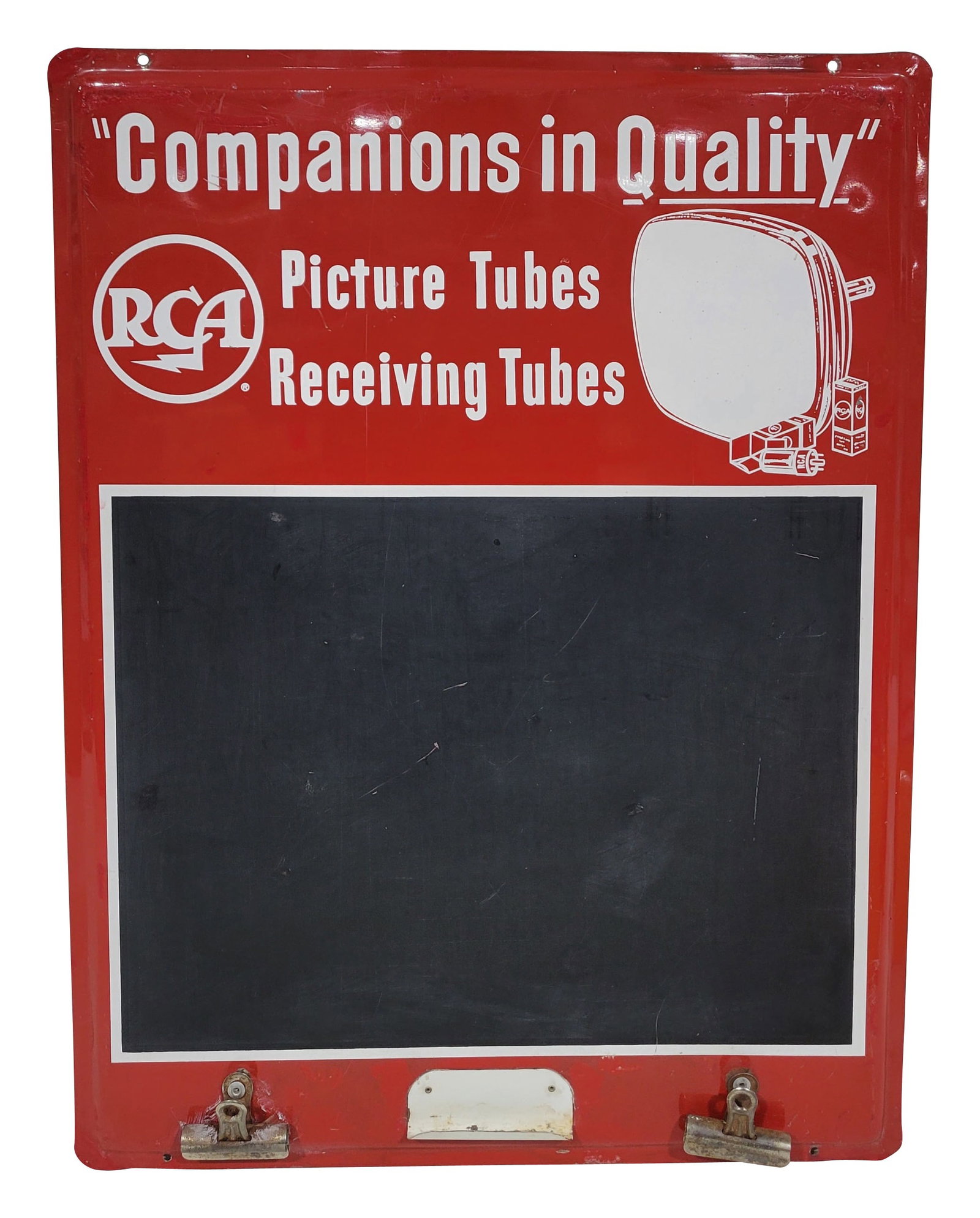 RCA Companions In Quality Chalkboard Advertising Sign: 18" x 24" SST chalkboard sign is designed to hang in repair shops. It features 2 clips at the bottom and a chalk holder. The sign displays bright color with scratches and small touch ups throughout. T