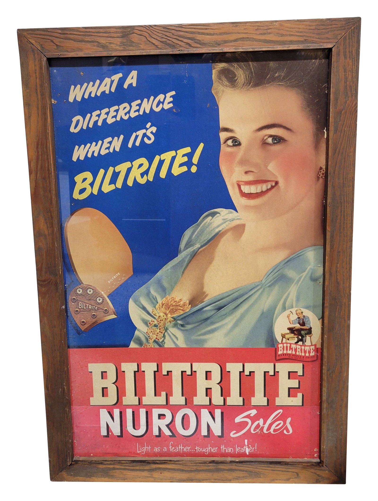 Biltrite Nuron Soles Framed Cardboard Advertising Sign: 23" x 35" cardboard framed beneath glass displays good color with some wear in the field along the perimeter. There are small holes and small areas of missing paper along the perimeter. The wood frame