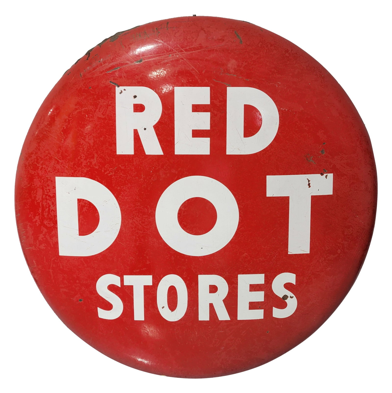 48" Red Dot Stores Porcelain Button Sign: 48" SSP button sign has scratches, small chips and holes in the field with oxidation throughout most of the surface. The perimeter has bends with porcelain loss and areas of errant white paint.