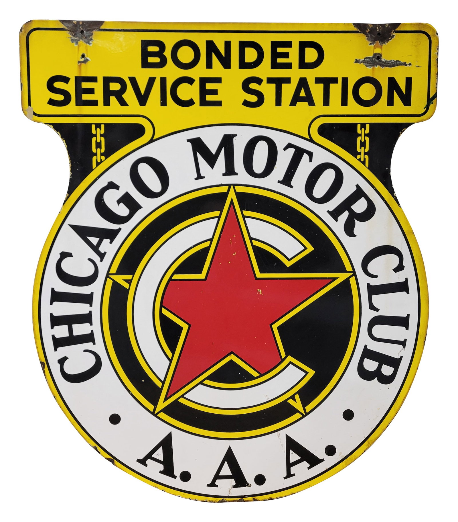 Chicago Motor Club AAA Bonded Service Station DSP Sign: 36" x 43.5" double sided porcelain die cut sign displays very good color and gloss with small chips in the field of each side. There is wear around the perimeter, mostly at the top edge, with porcelai