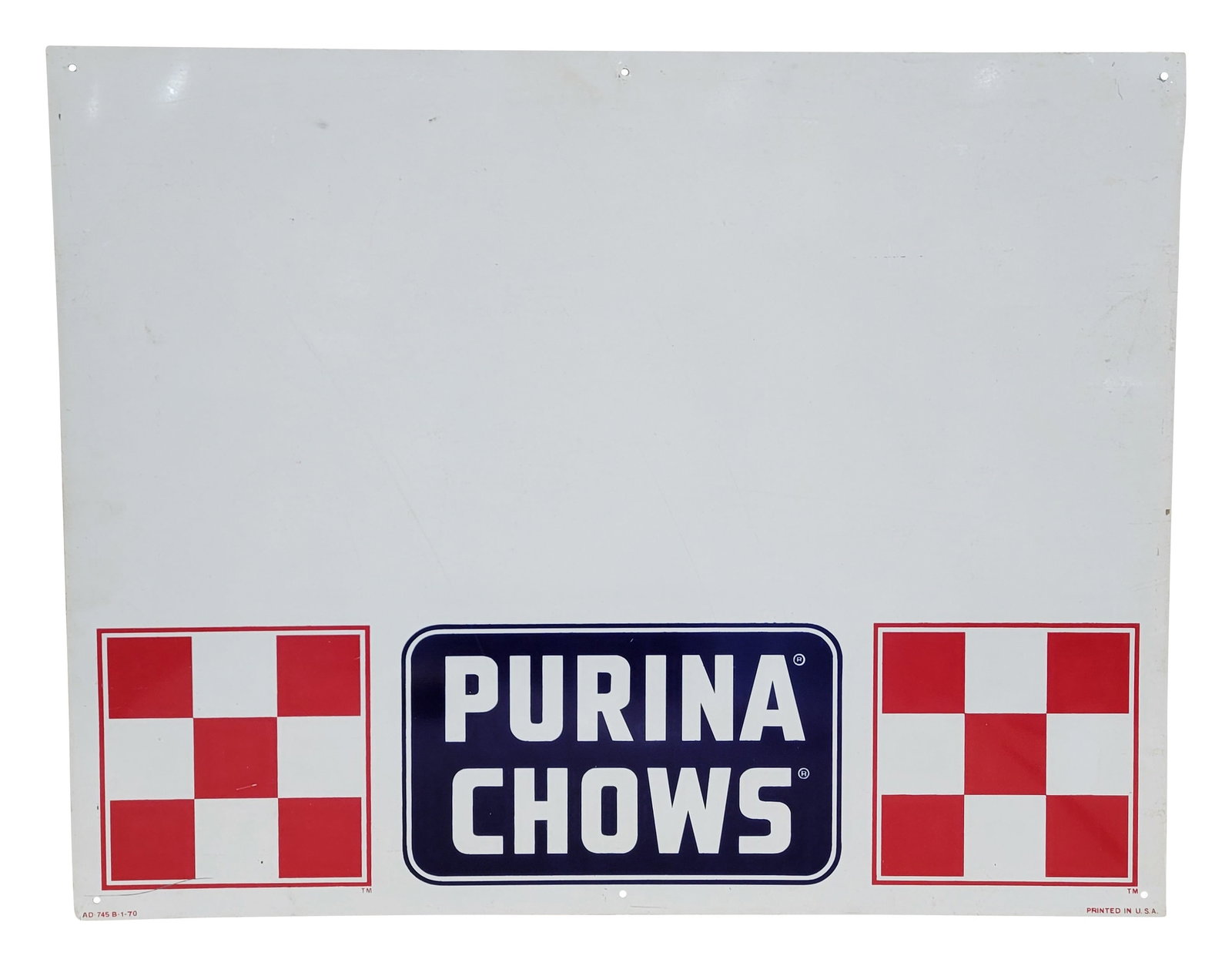 Purina Chows DST Sign With Checkered Logo: 30" x 23.5" double sided tin sign exhibits good color and shine on one side with light scratches and marks. The reverse displays wear with toning. There are scratches, and dirt visible throughout.