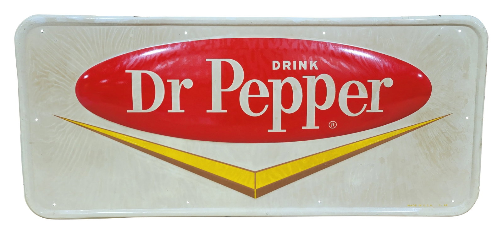 Drink Dr Pepper Embossed SST Sign: 39.5" x 17.5" heavily embossed sign has visible stains throughout from the original packing paper. There are a few light scratches in the field and the self framed perimeter has several small minor be