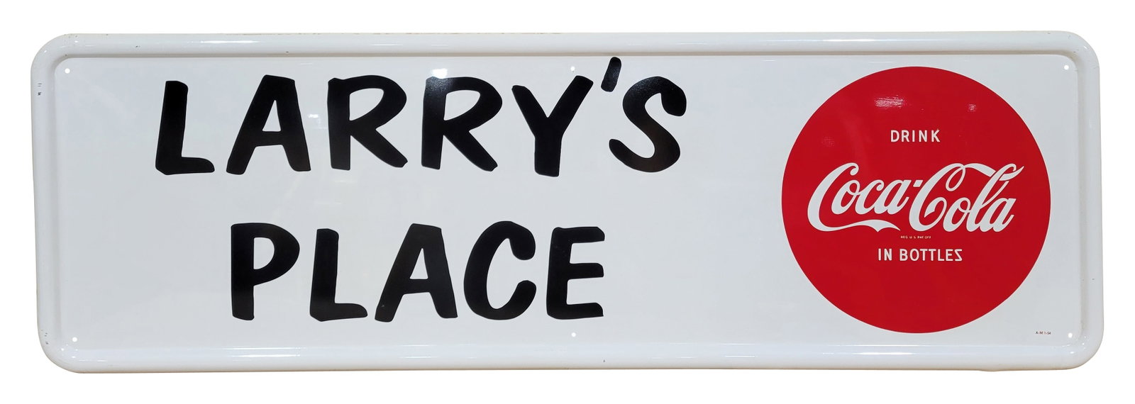 Larry's Place Drink Coca Cola SST Sign: 50" x 16" single sided tin sign displays very well with excellent color and shine. It features the Drink Coca Cola button logo with Larry's Place decals. The field is very clean. The self framed perim
