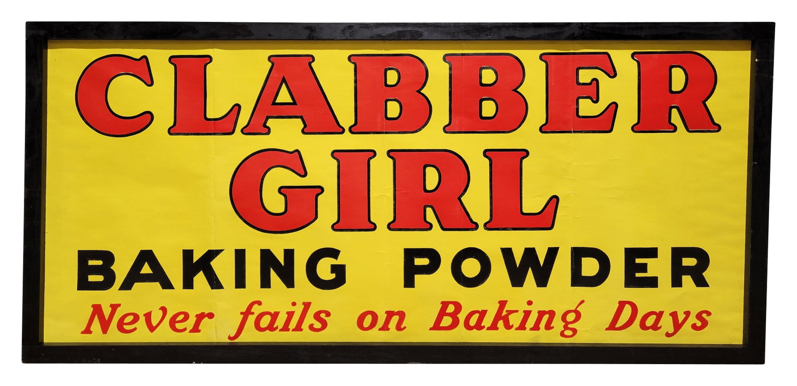 Clabber Girl Paper Advertising Sign Banner: 63" x 29" paper advertising banner is encased within a painted wood frame (no glass). The poster is in excellent condition with strong colors. There are visible crease marks.