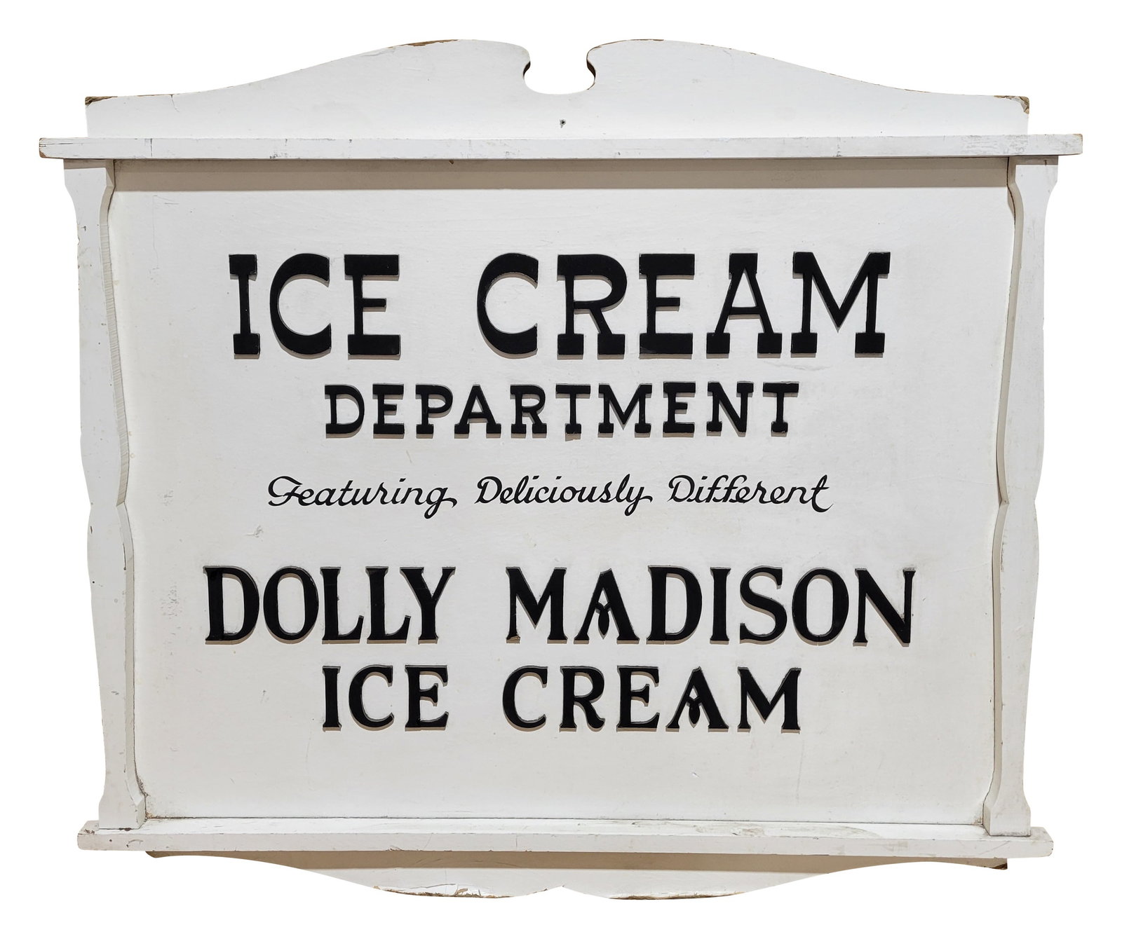 Ice Cream Department Dolly Madison Ice Cream Masonite Sign: 40" x 35" sign features black 3D painted masonite letters on a white painted masonite background. It displays light wear with light marks on the white paint and is housed within a wood frame. The wood