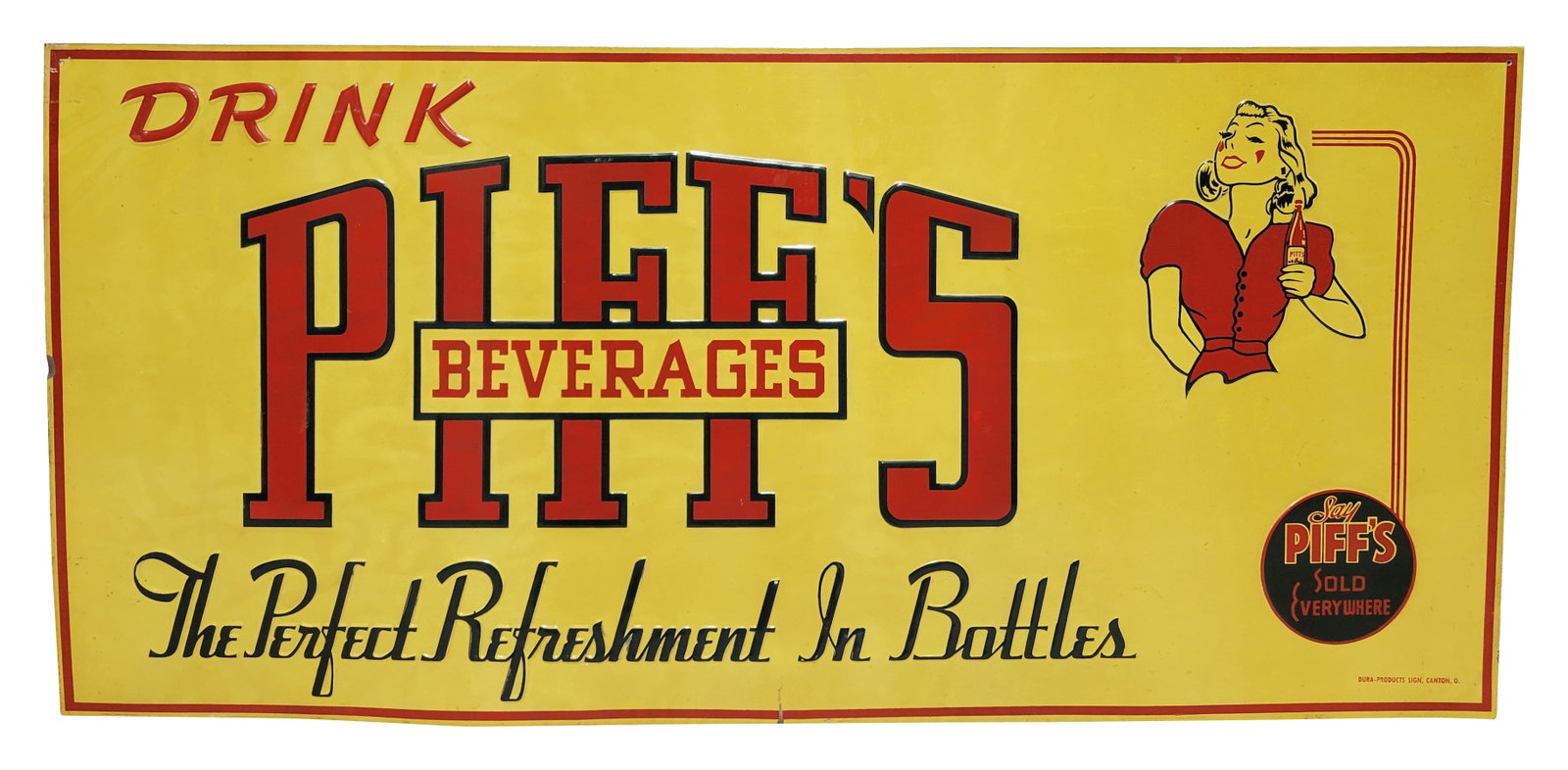 Drink Piff's Beverages Embossed SST Sign: 30" x 14" single sided tin sign features embossed letters and graphics with good color and shine. There appears to be faint toning throughout from the original packing paper. It displays well with ver