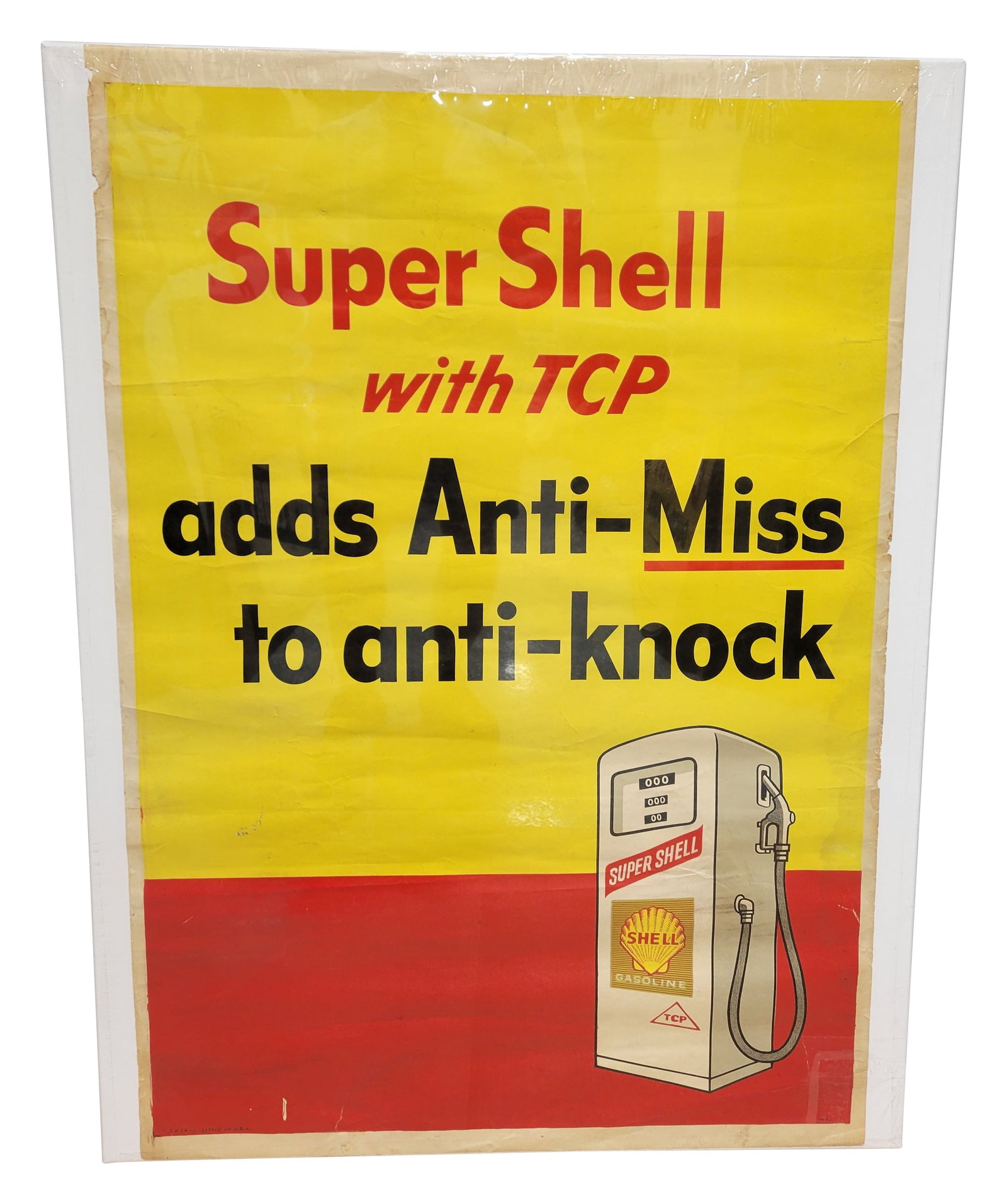 Super Shell With TCP Advertising Poster: 36" x 48" paper poster exhibits bright colors and has moderate wear with minor stains, several marks in the field, and light creases. The perimeter has light wear along the edges where the paper is sl
