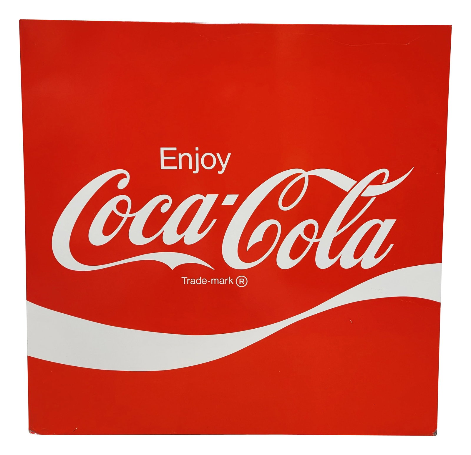 Enjoy Coca Cola Single Sided Tin Sign: 36" x 36" SST sign displays well with bright colors and high shine. There is a small bend on the lower left corner with flaked paint.