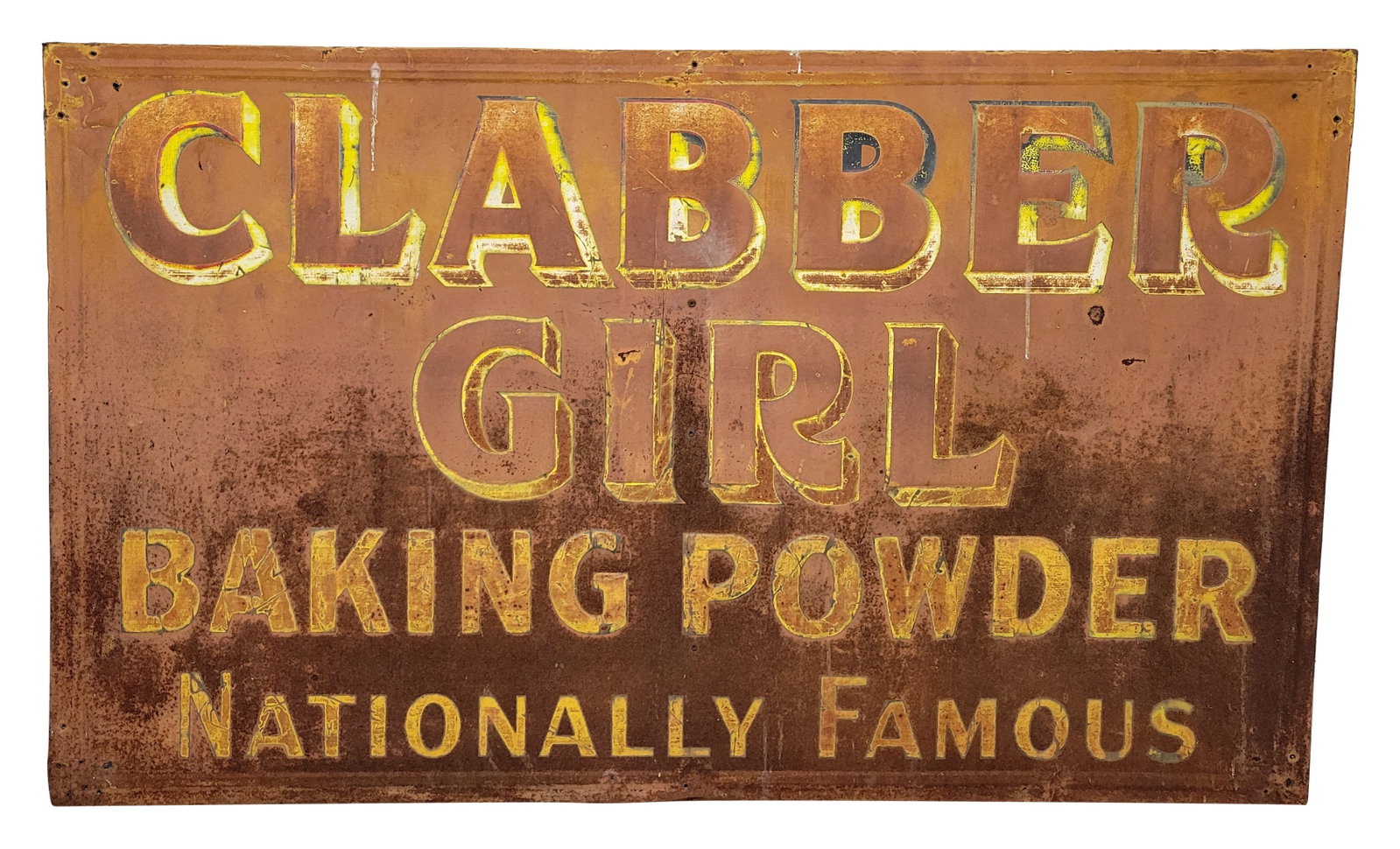 Clabber Girl Baking Powder SST Embossed Sign: 60" x 36" embossed single sided tin sign displays age and wear with faded paint and rust throughout. The perimeter has bends with non-factory holes added at the corners.