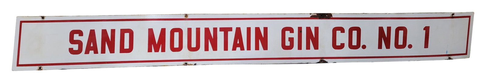 9FT Sand Mountain Gin Co. No.1 Porcelain Sign: 9ft x 12" SSP sign displays good color and gloss on the red lettering. There is some scattered oxidation and discoloration on the white areas of the sign. The perimeter shows some wear with several ch