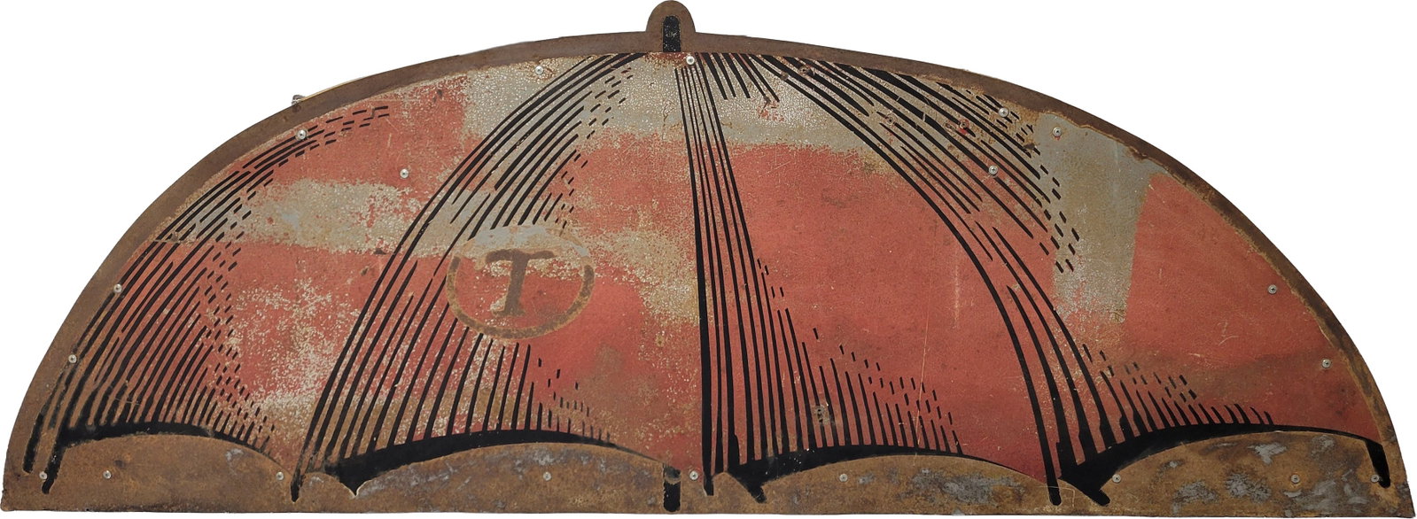 Traveler's Insurance SST Umbrella Sign: 73" x 27" single sided tin sign displays wear and age with faded paint and surface rust. There is a small ding in the field with a small hole. The sign is mounted onto a wood frame.