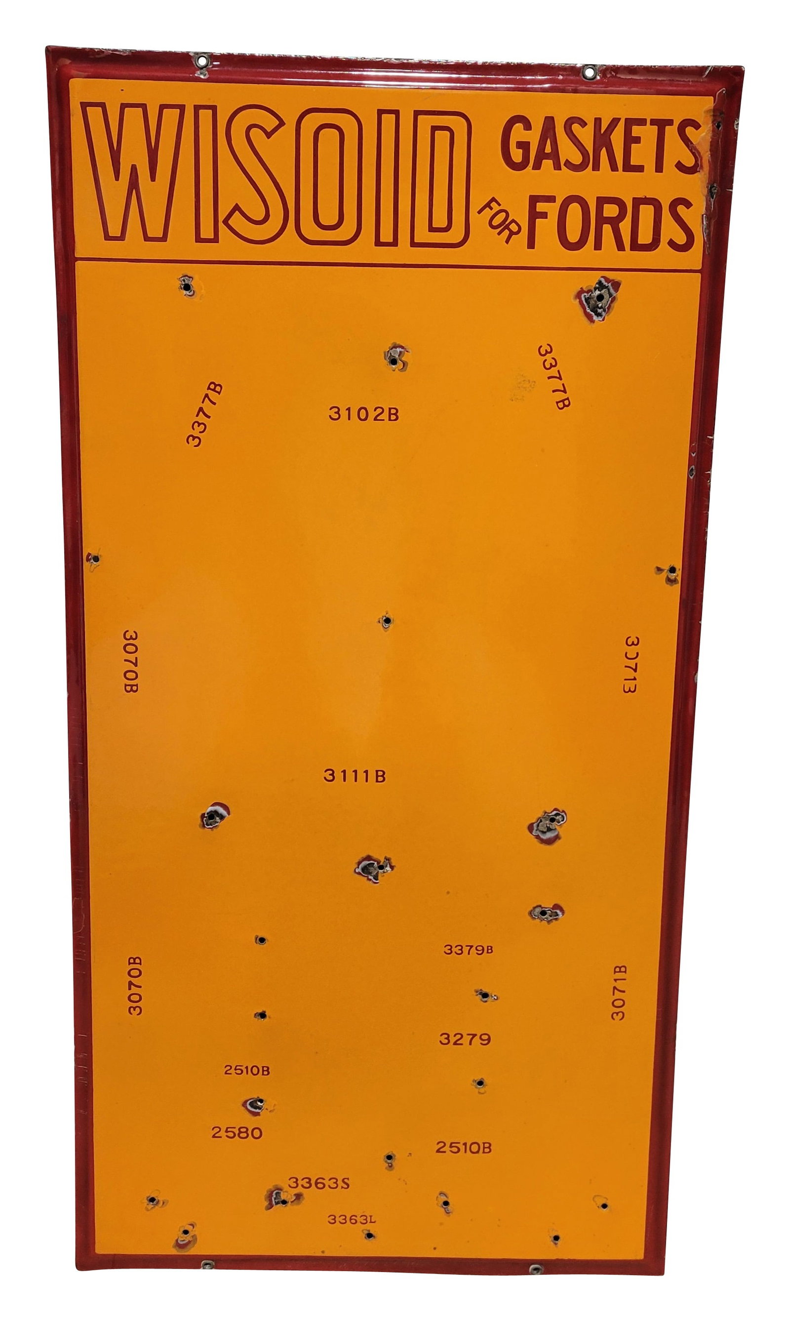 Rare Wisoid Gaskets for Fords 36" SSP Sign "Shell Colors": 36" x 18", SSP self-framed sign has excellent color and gloss. The display has light wear with chips at the mounting holes. The perimeter has minor edge chips with a factory blemish on the upper right
