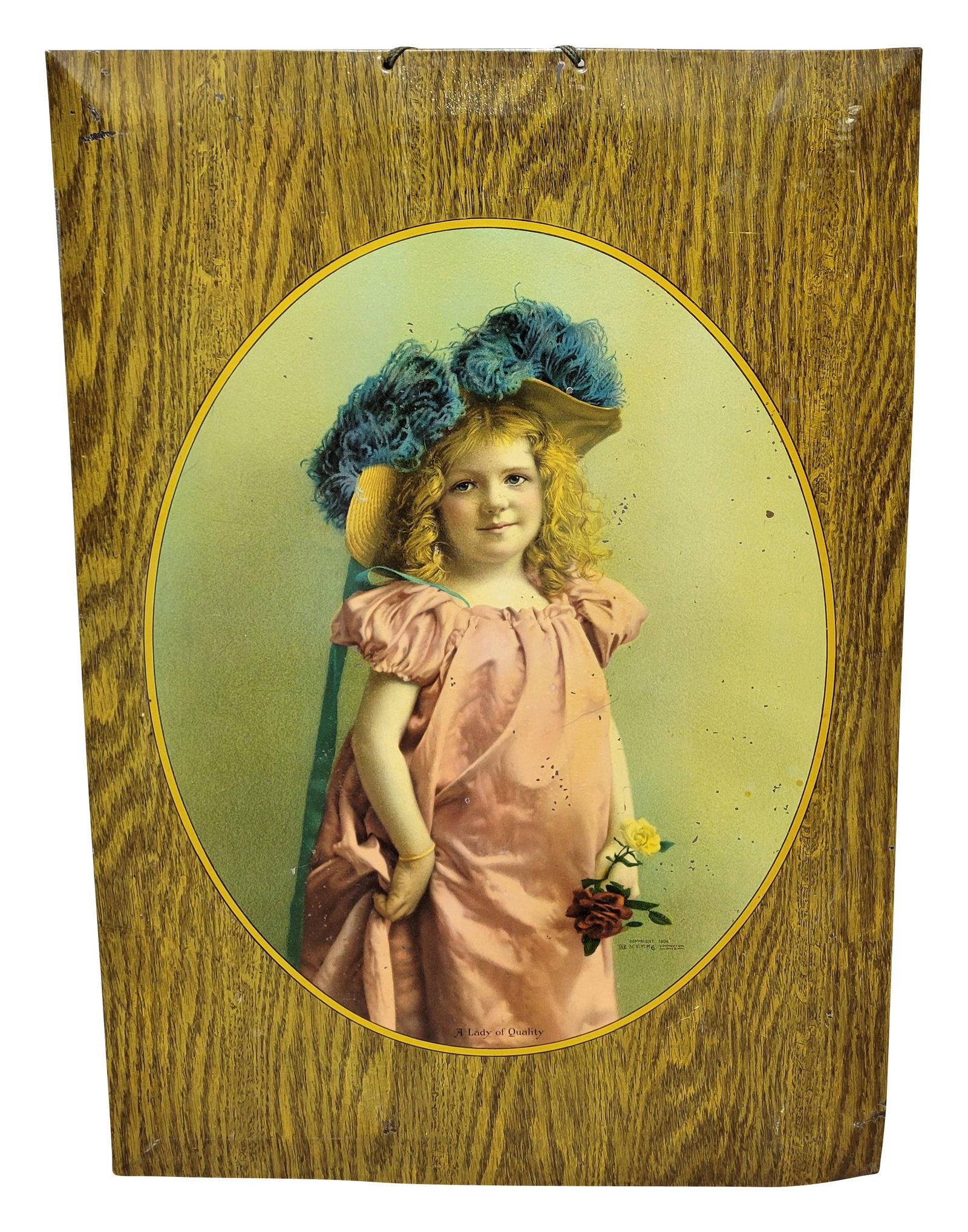 Lady of Quality Tin Over Cardboard Sign: 13.25" x 19" tin over cardboard sign displays good color with several scratches and flaking on the surface. There is a small ding in the upper field and a shallow bend at the lower right corner. Copyr