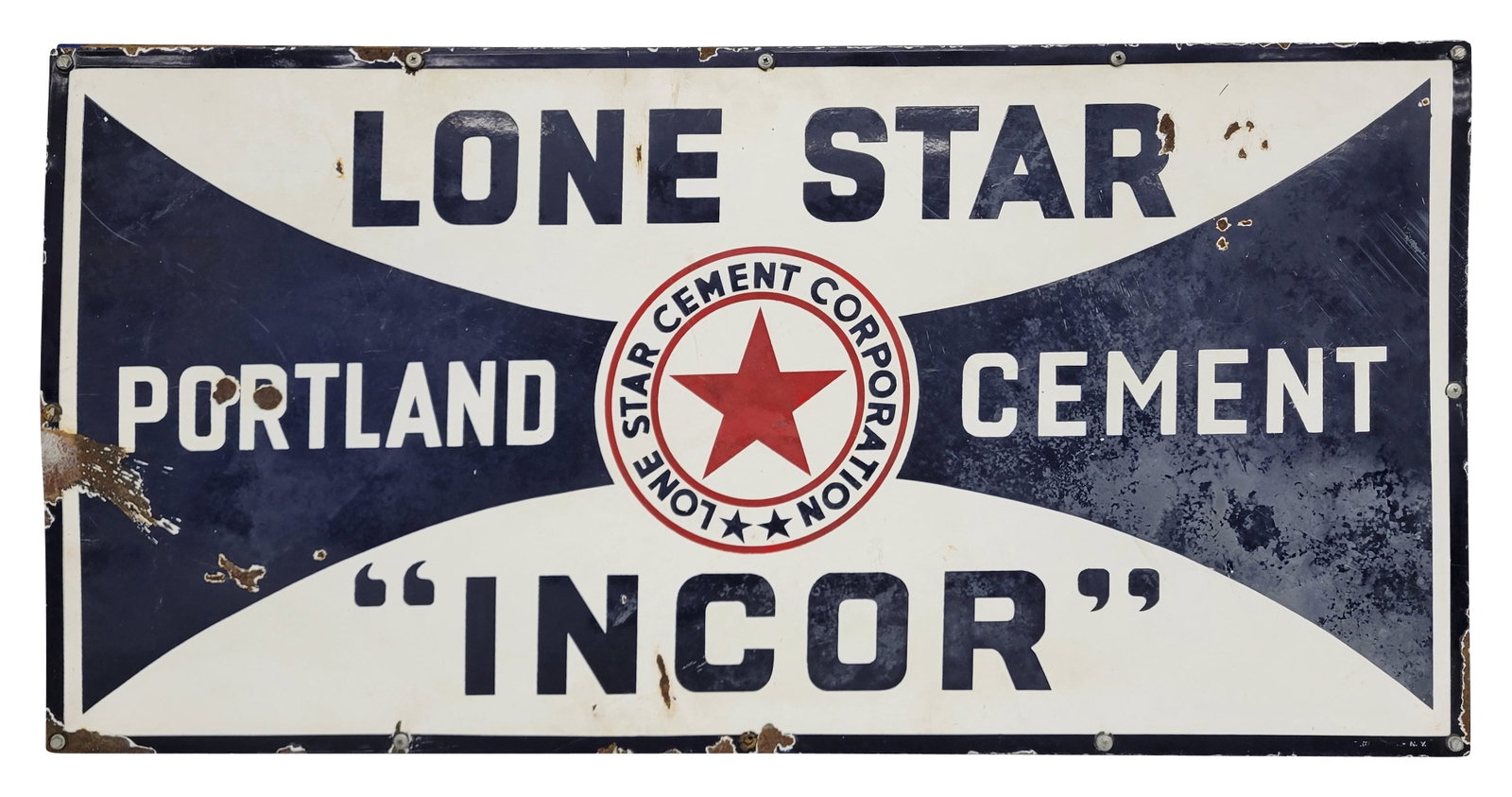 Lone Star Cement Corporation SSP Sign: 40" x 20" SSP sign has wear and areas of oxidation with small chips in the field and a bend with porcelain loss along the left edge. There are porcelain chips along the perimeter as well. The sign is 