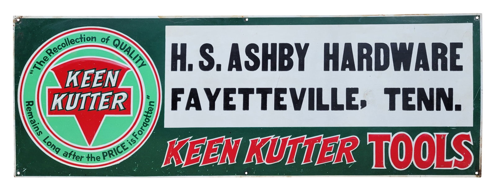 Keen Kutter Tools H.S. Ashby Hardware Fayetteville Tenn. SST Sign: 27.75" x 9.75" SST sign features embossed lettering with bright colors and moderate wear. There are small scuffs and scratches throughout the field with wear at the mounting holes.