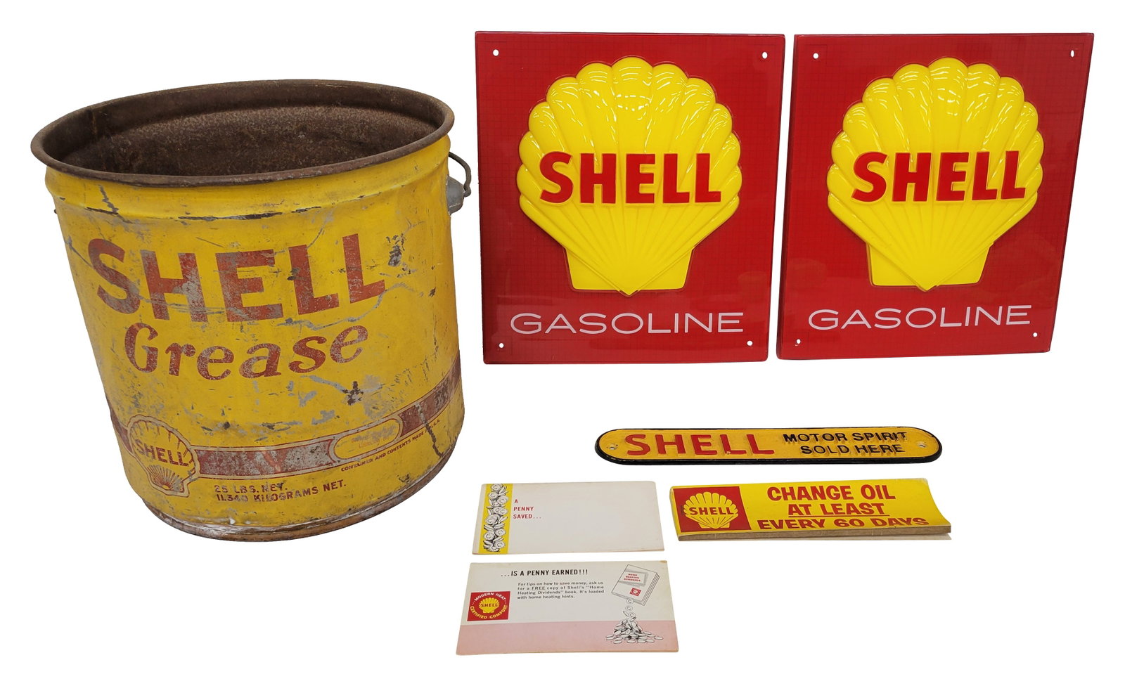 Shell Grease Can and Shell Gasoline Plastic Pump Plate Signs (1 of 3)