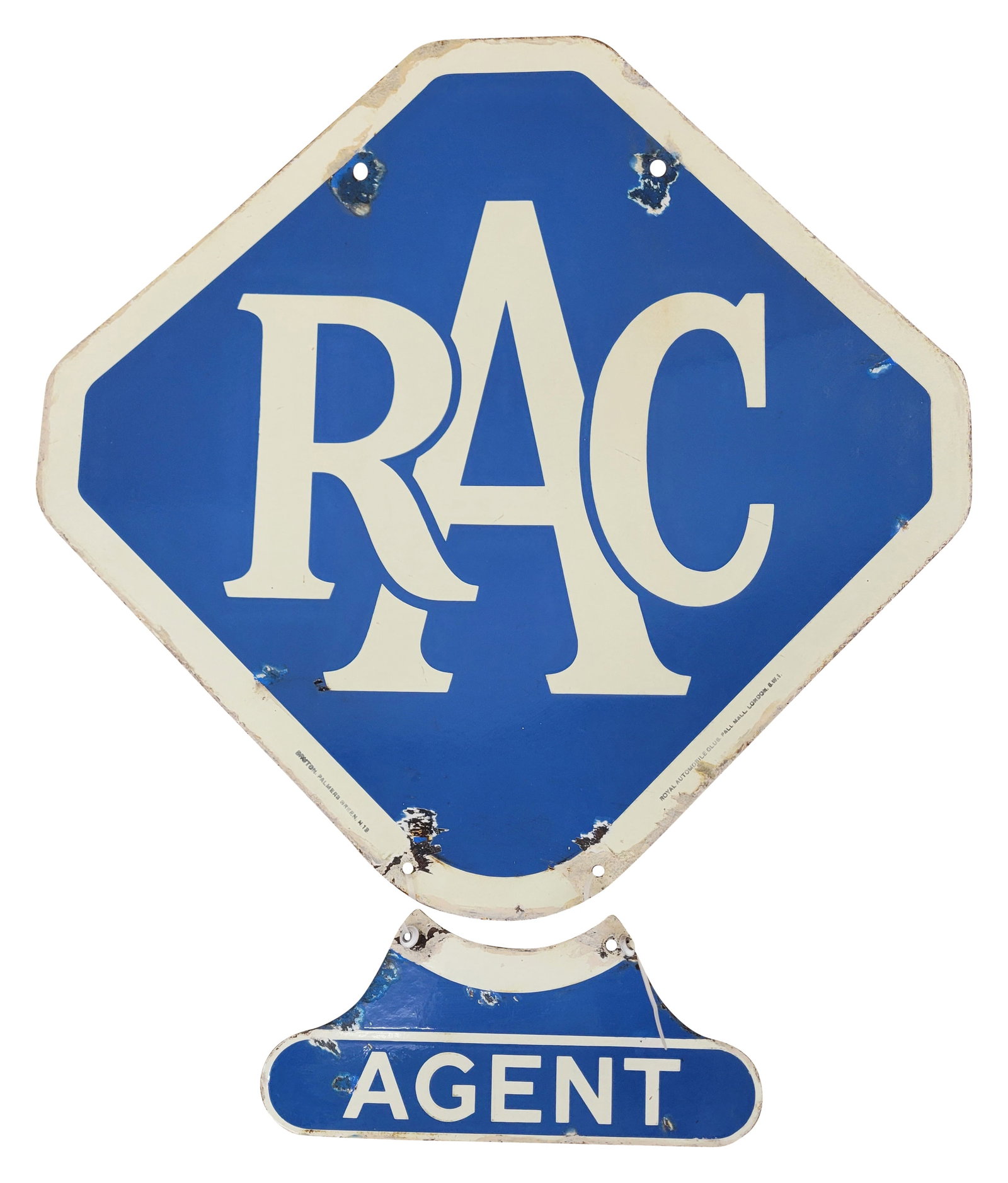 RAC Royal Automobile Club Agent DSP Sign: 22.5" x 27" DSP displays bright colors and good gloss on side 1 with wear at the mounting holes, several small chips in the outer field, and touch ups along the perimeter. The reverse side has large p