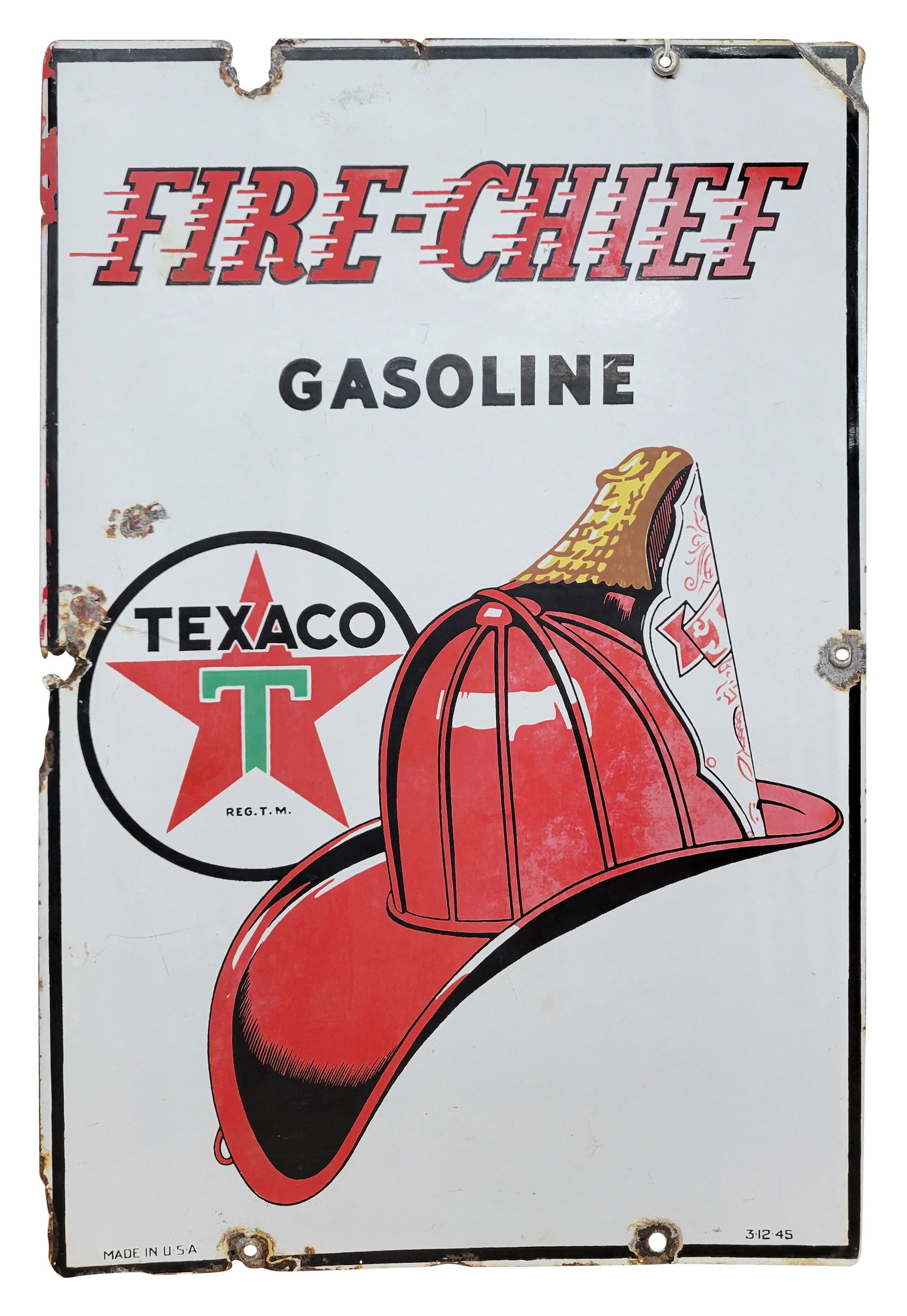 1945 Texaco Fire Chief Gasoline Porcelain Pump Plate Sign: 12" x 18" SSP gas pump plate sign has fading with several small chips in the field. The perimeter has damage with metal loss, chips, and the top right corner has a small bend. 3-12-45.
