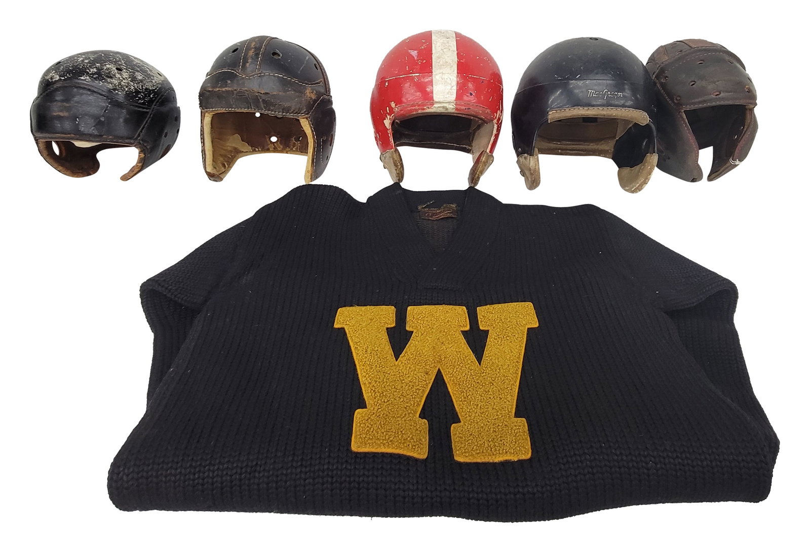 1940's Letterman Sweater and Football Helmet Collection: This collection features a 1940's vintage letterman sweater from O'Shea Knitting Mills in very good condition. Also included are two hard shell football helmets and three leather football helmets. The