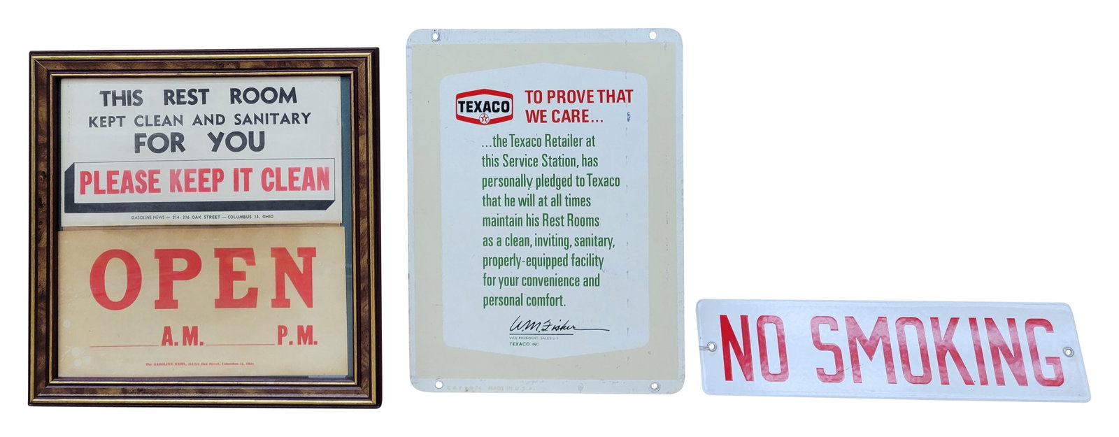 No Smoking SSP Sign and Texaco Rest Room Pledge Sign: Lot of 3 includes a 12" x 3" SSP No Smoking sign in excellent condition. Also included is a 9" x 12" DST Texaco rest room pledge sign with light wear on each side. C & P 6-74. The third piece is a fra