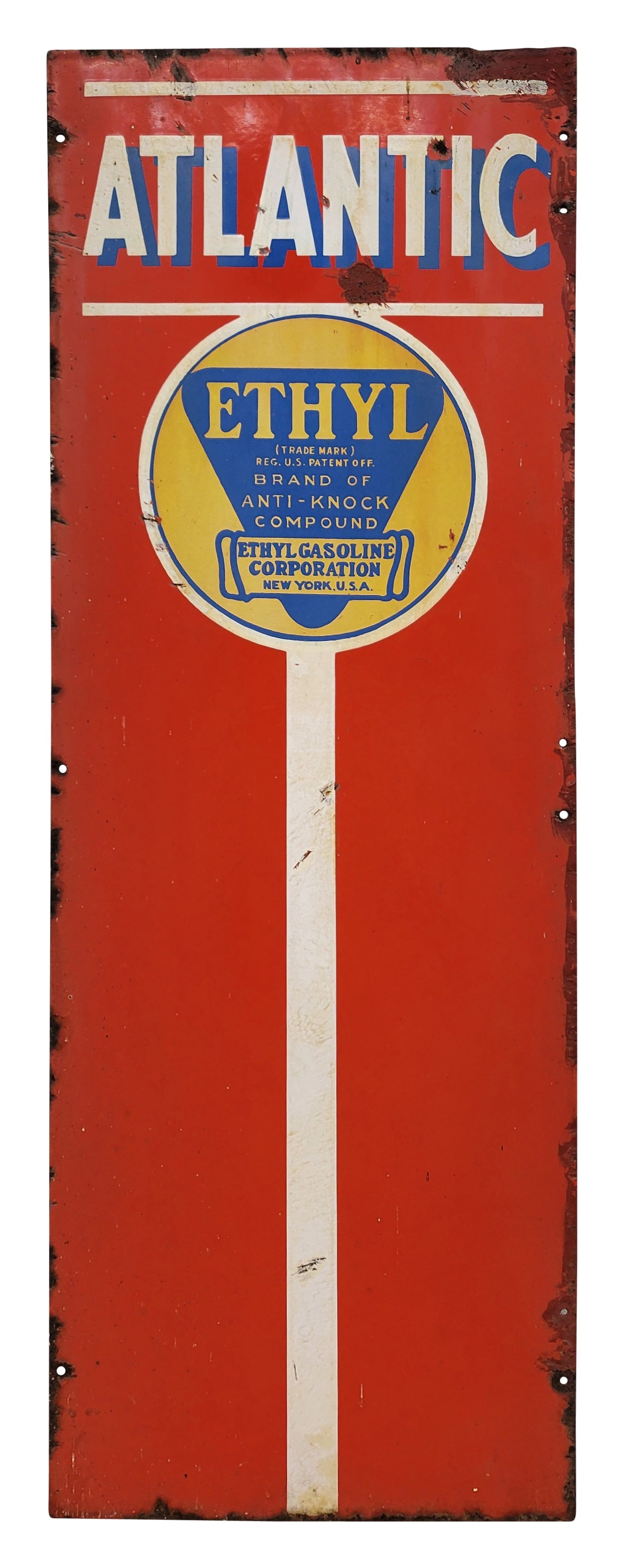 Atlantic Ethyl Gasoline Porcelain Pump Plate Sign: 15" x 41.75" SSP gas pump plate sign displays age and wear with fading, discoloration, and porcelain chips in the field and around the perimeter. Several of the chips have been touched up with paint.�